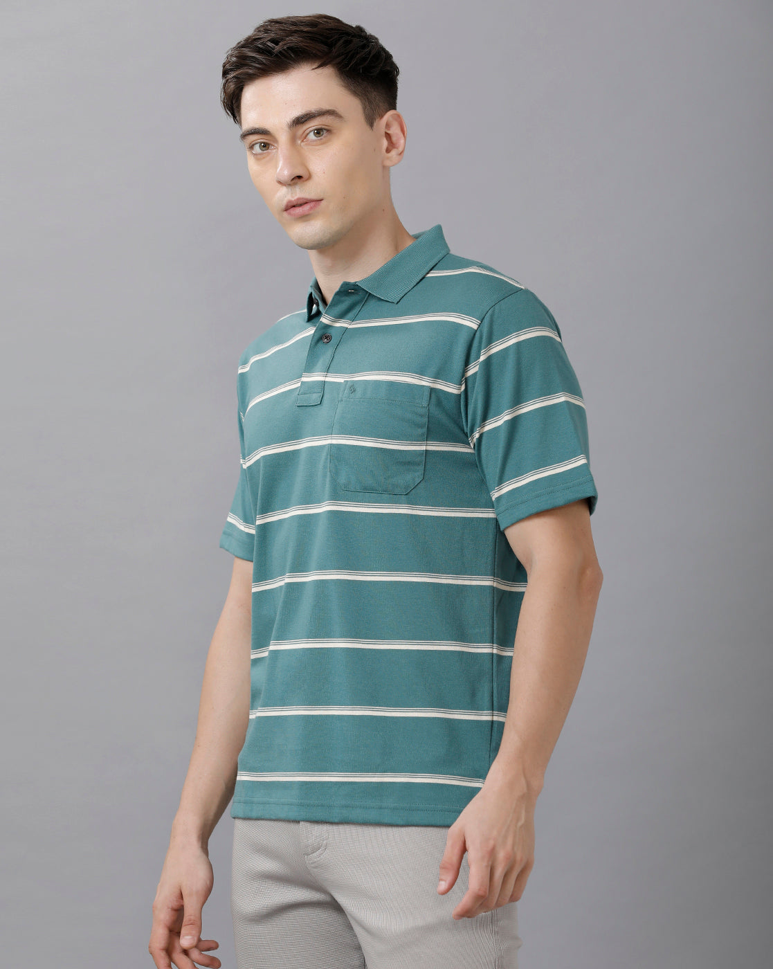 Classic Polo Mens Cotton Blend Striped Half Sleeve Authentic Fit Polo Neck Turquoise Color T-Shirt | Avon 504 A