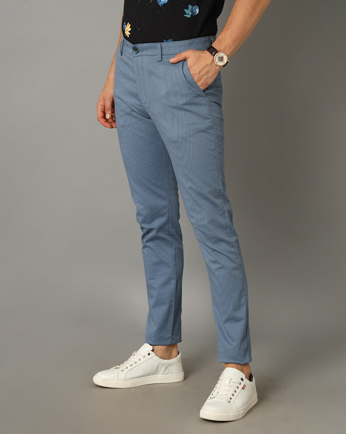 Classic Polo Men's 100% Cotton Moderate Fit Solid Blue Color Trouser | TO1-34 C-BLU