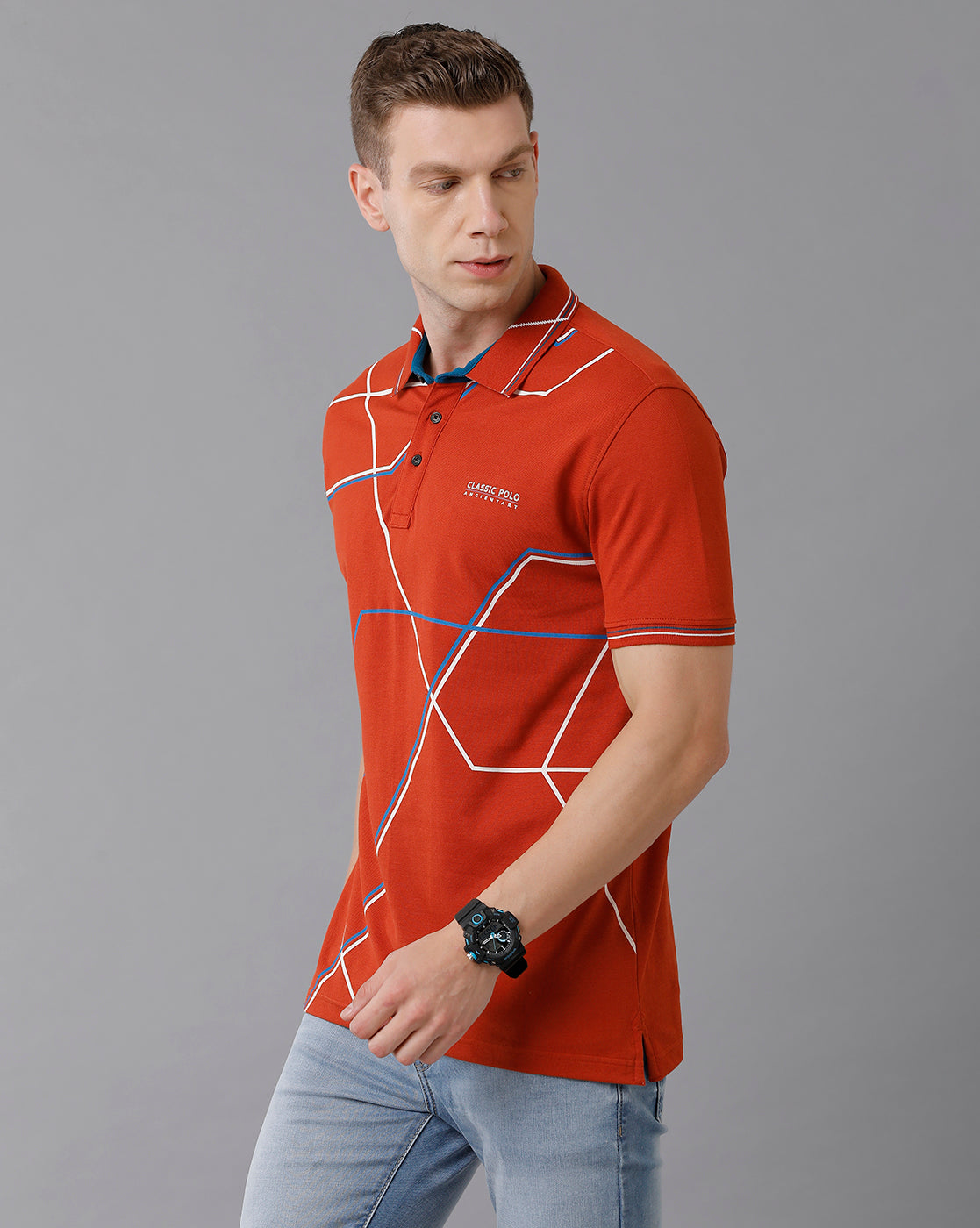 Classic Polo Men's Cotton Printed Half Sleeve Slim Fit Polo Neck Red Color T-Shirt | HS-PRM - 01 B