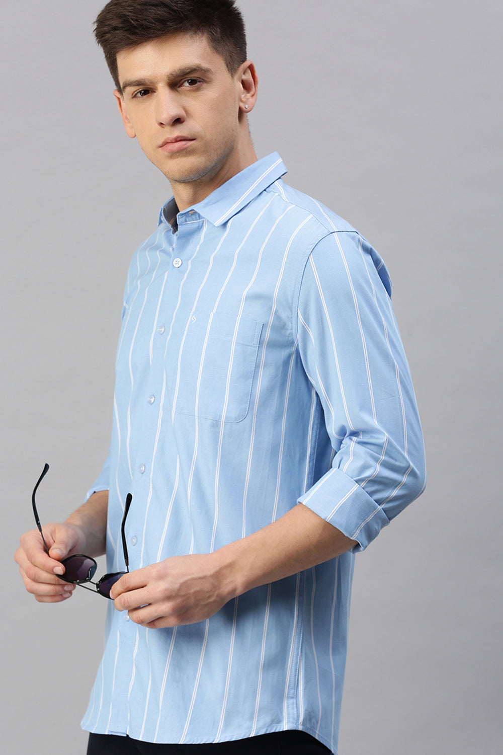 Classic Polo Men's Cotton Full Sleeve Striped Slim Fit Polo Neck Light Blue Color Woven Shirt | So1-39 B