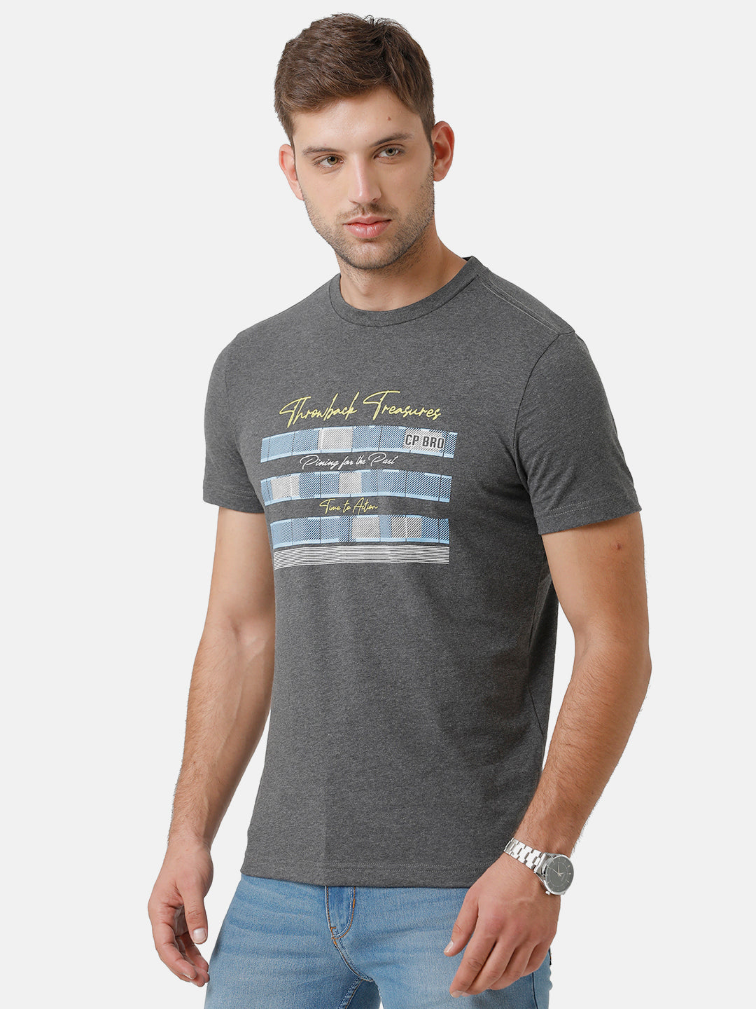 CP BRO Men's Cotton Printed Half Sleeve Slim Fit Round Neck Dark Grey Color T-Shirt | Brcn 501