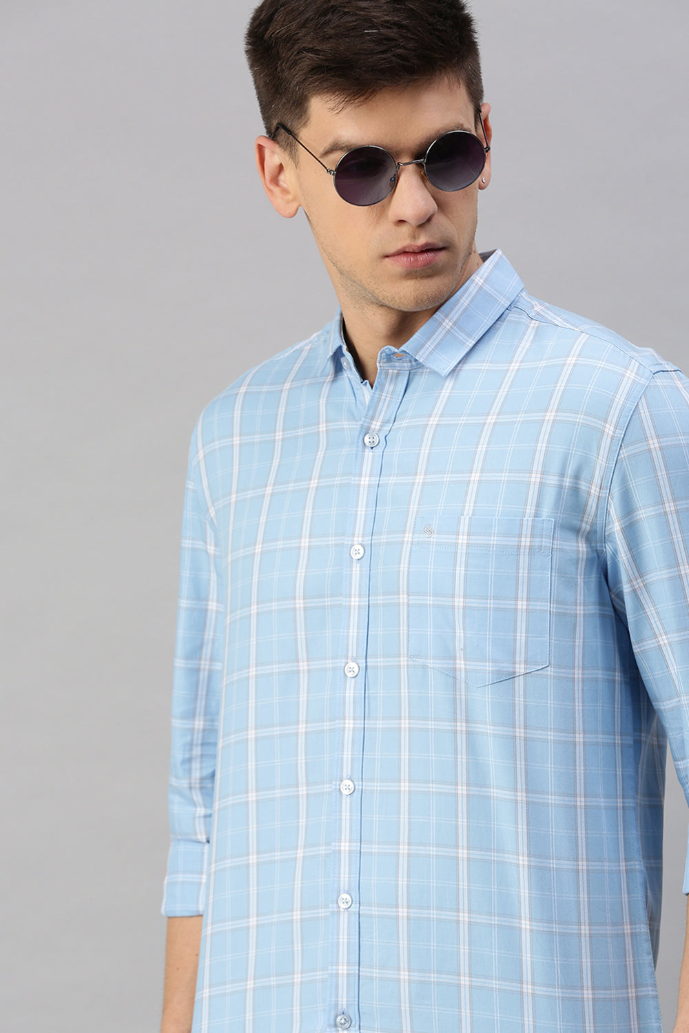 Classic Polo Men's Cotton Full Sleeve Checked Slim Fit Polo Neck Light Blue Color Woven Shirt | So1-95 B