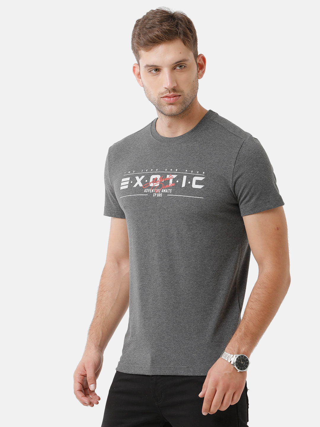 CP BRO Men's Cotton Printed Half Sleeve Slim Fit Round Neck Dark Grey Color T-Shirt | Brcn 500