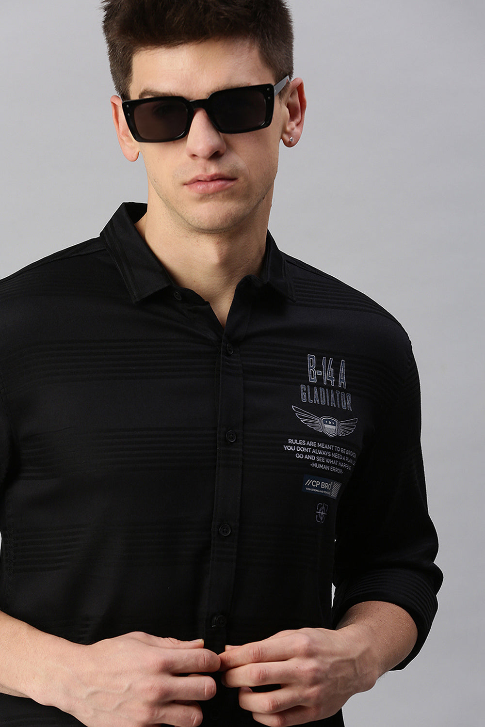 CP BRO Men's Cotton Full Sleeve Striped Slim Fit Collar Neck Black Color Woven Shirt | Sbo1-13 E
