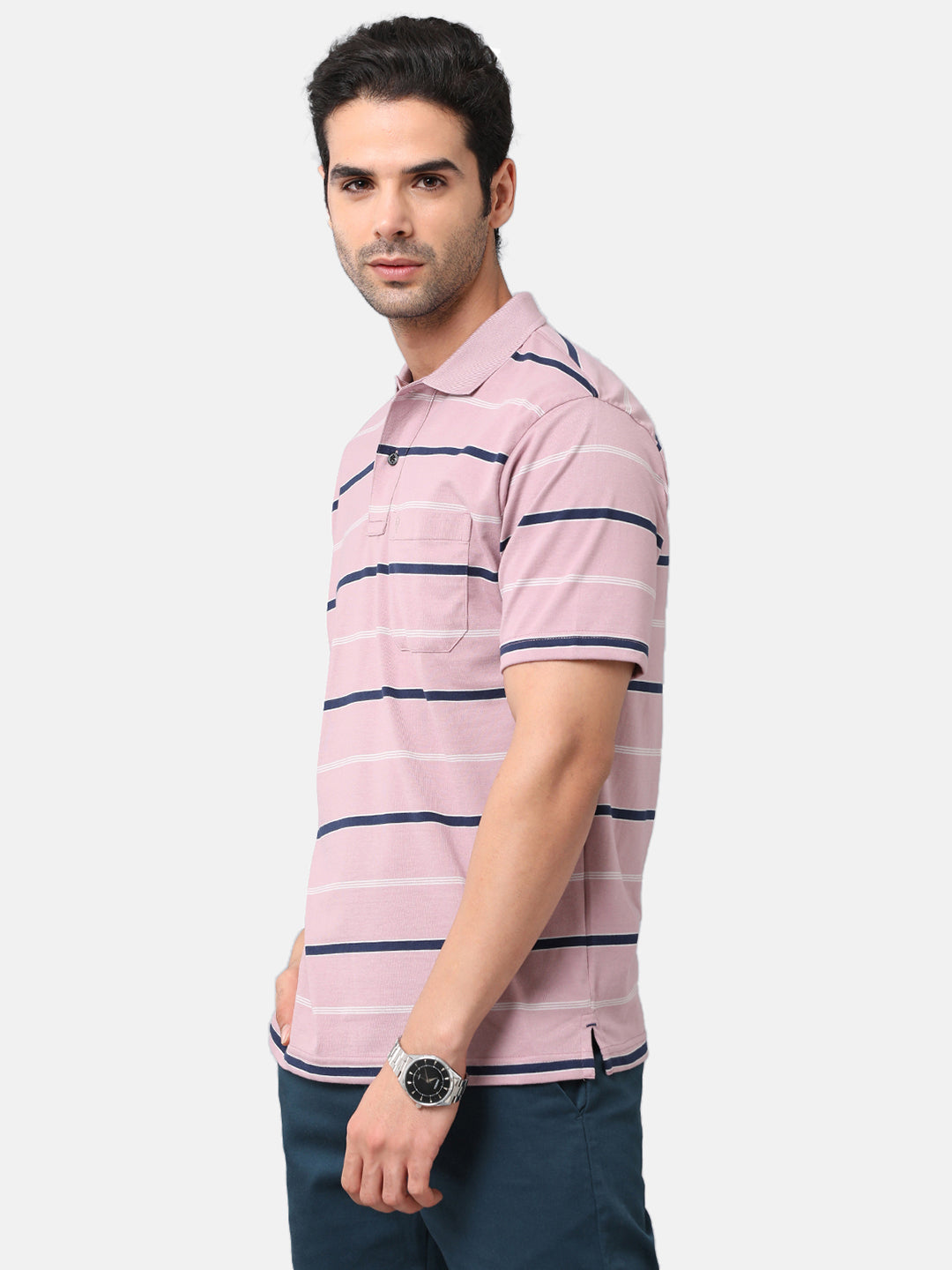 Classic Polo Mens Cotton Blend Striped Authentic Fit Polo Neck Pink Color T-Shirt | Avon 478b