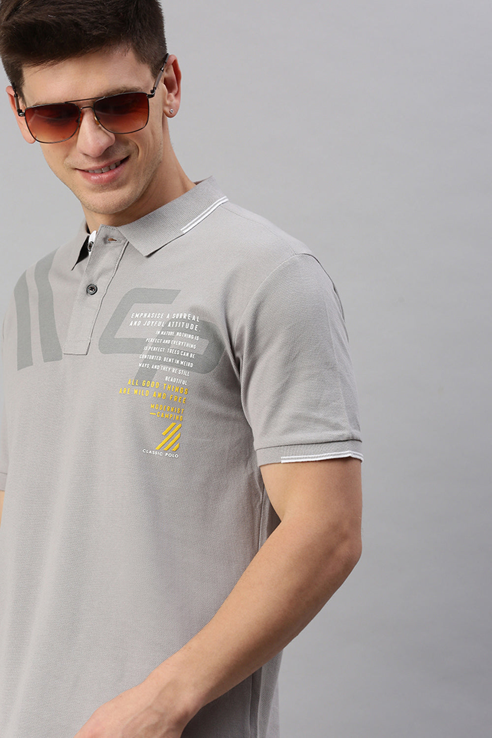 Classic Polo Men's Cotton Half Sleeve Printed Slim Fit Polo Neck Grey Color T-Shirt | Vivid Polo - 02 B