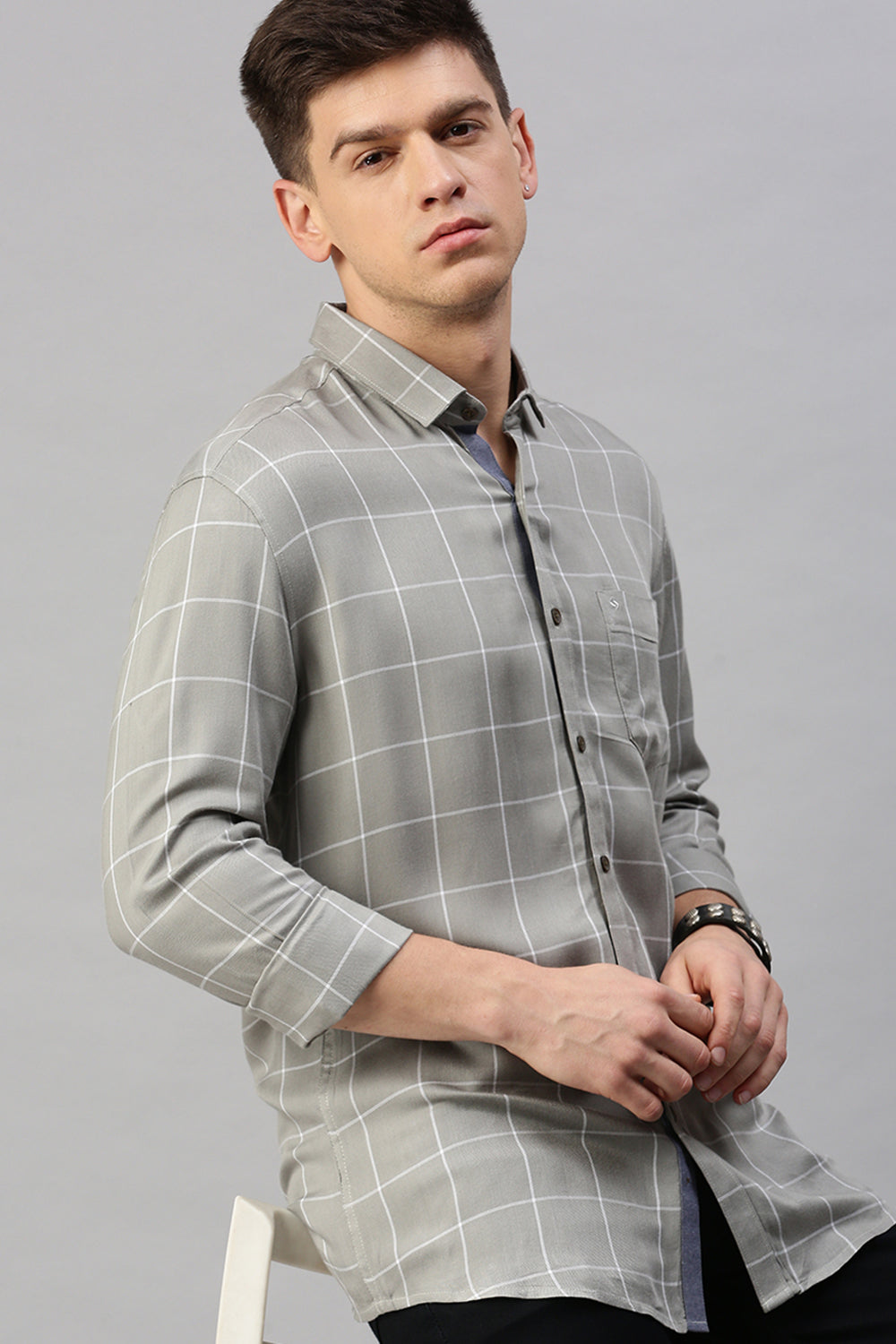 Classic Polo Men's Cotton Full Sleeve Checked Slim Fit Polo Neck Grey Color Woven Shirt | So1-135 A