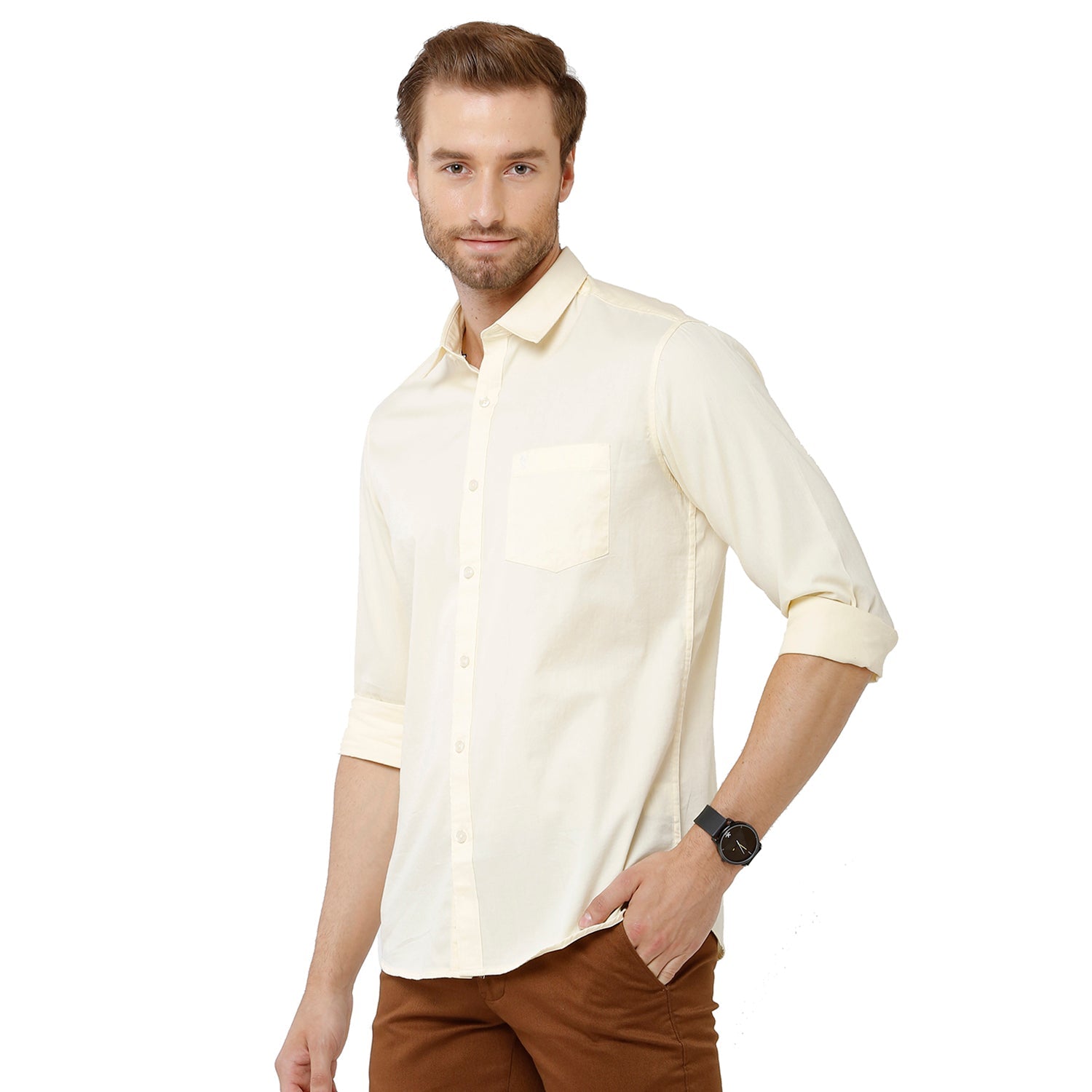 Classic Polo Mens 100% Cotton Full Sleeve Solid Slim Fit Yellow Color Woven Shirt -SFD1 21 A Shirts Classic Polo 