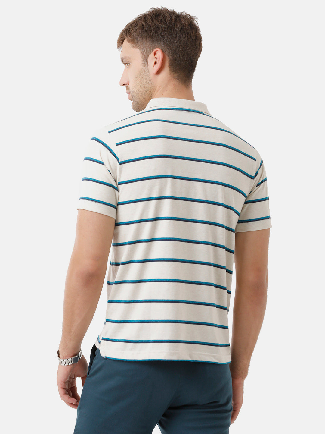 Classic Polo Mens Cotton Striped Half Sleeve Authentic Fit Polo Neck White Color T-Shirt | M.Flash 16