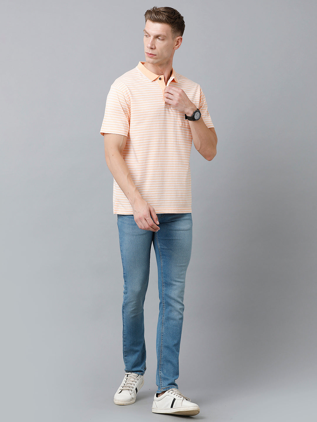 Classic Polo Men's Cotton Half Sleeve Striped Authentic Fit Polo Neck Peach Color T-Shirt | Feeders - 212 A