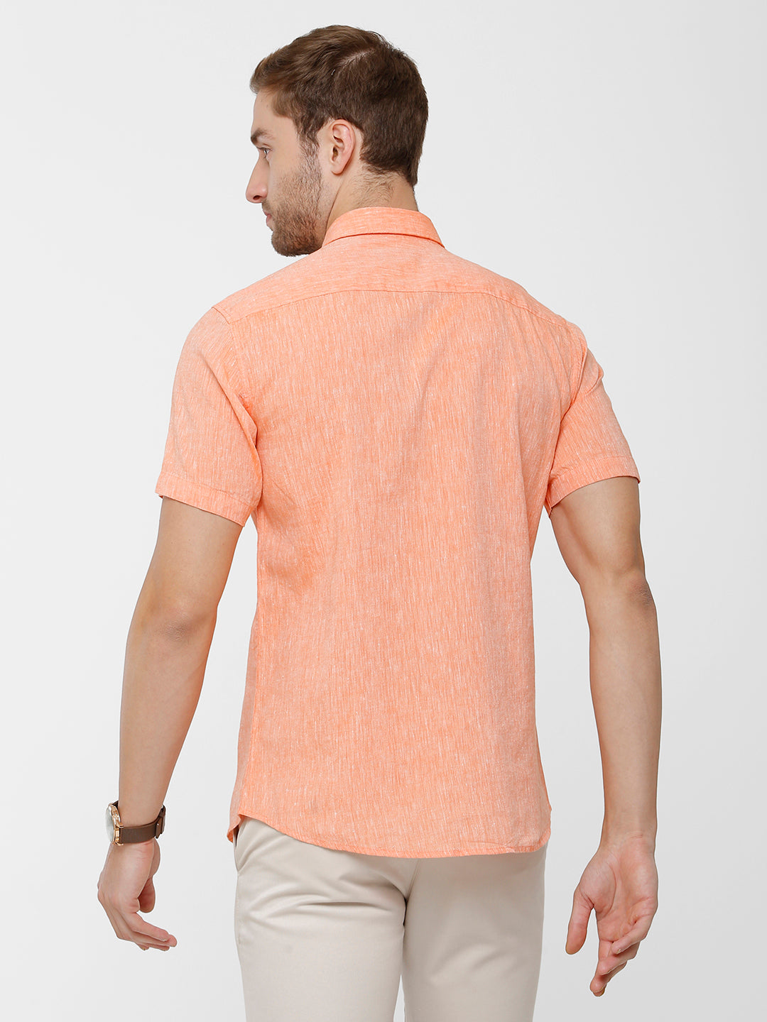 Classic Polo Mens Linen Cotton Solid Woven Shirt - Porsh-Orange HS