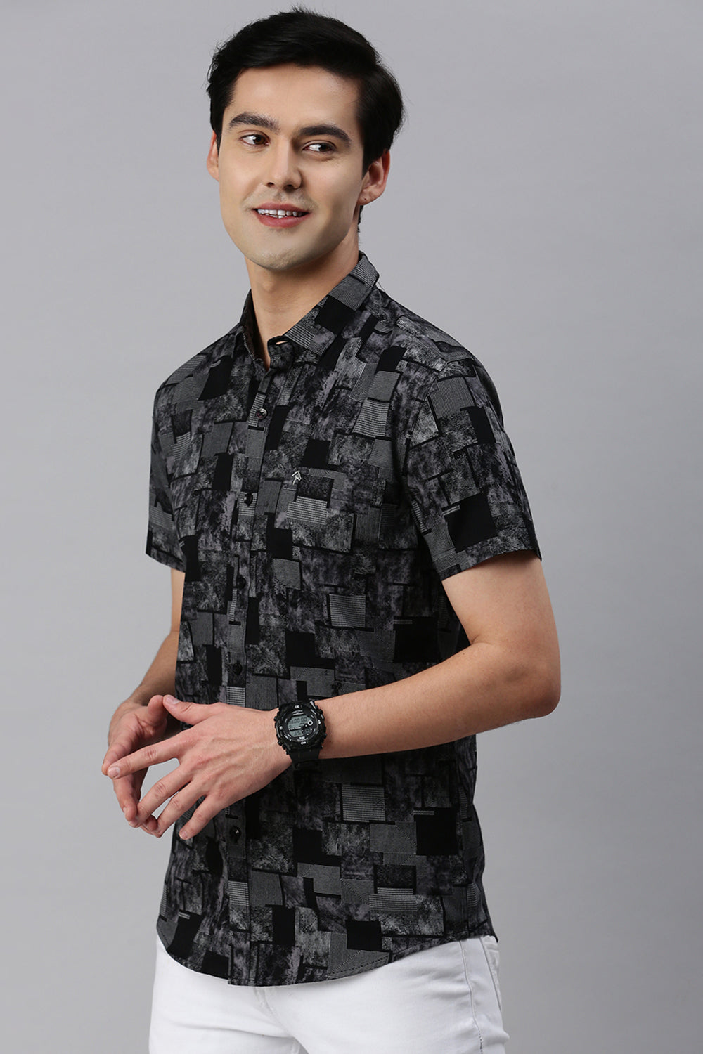 CP BRO Men's Cotton Full Sleeve Printed Slim Fit Polo Neck Black Color Woven Shirt | Sbo1-11 B