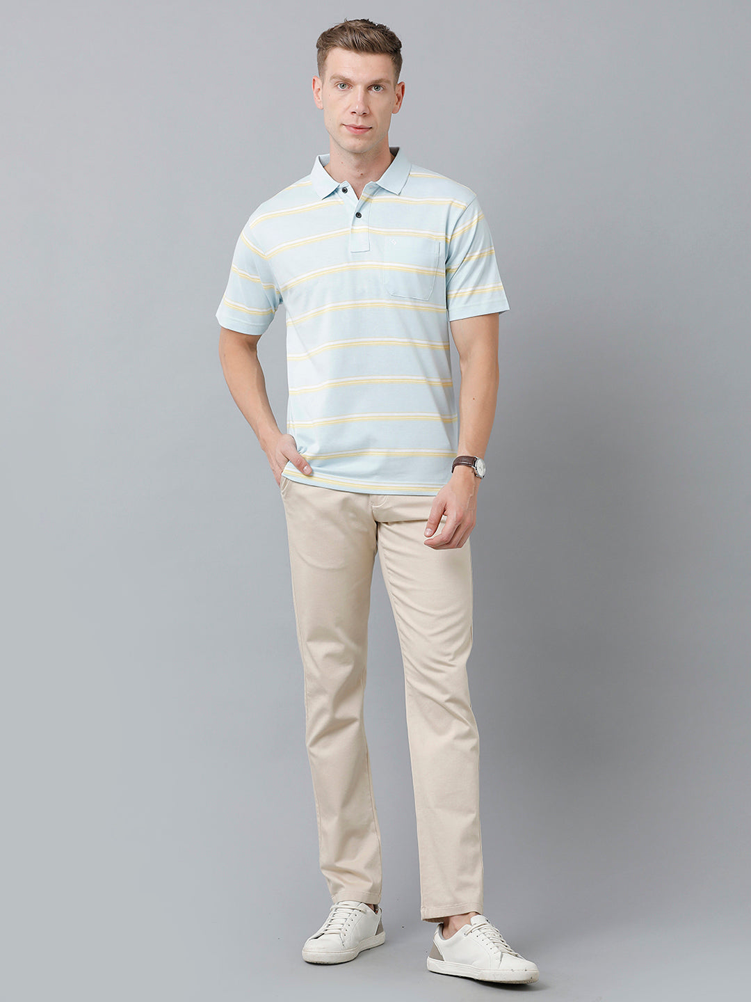 Classic Polo Men's Cotton Blend Half Sleeve Striped Authentic Fit Polo Neck Light Blue Color T-Shirt | Avon - 514 B