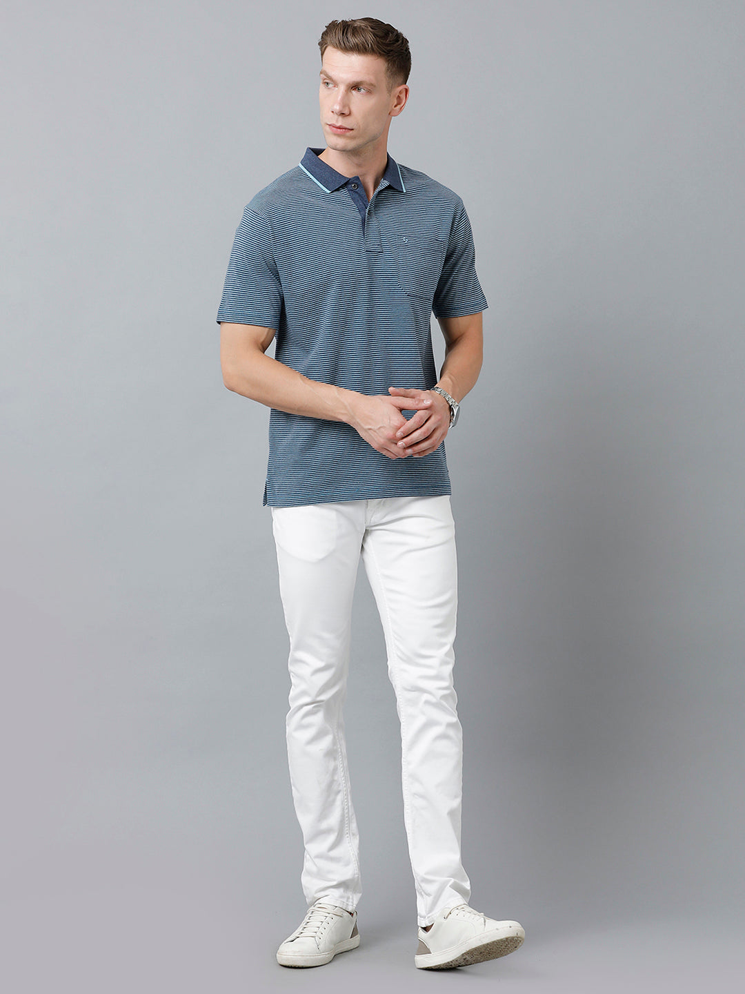 Classic Polo Men's Cotton Half Sleeve Striped Authentic Fit Polo Neck Navy Blue Color T-Shirt | Feeders - 222 A