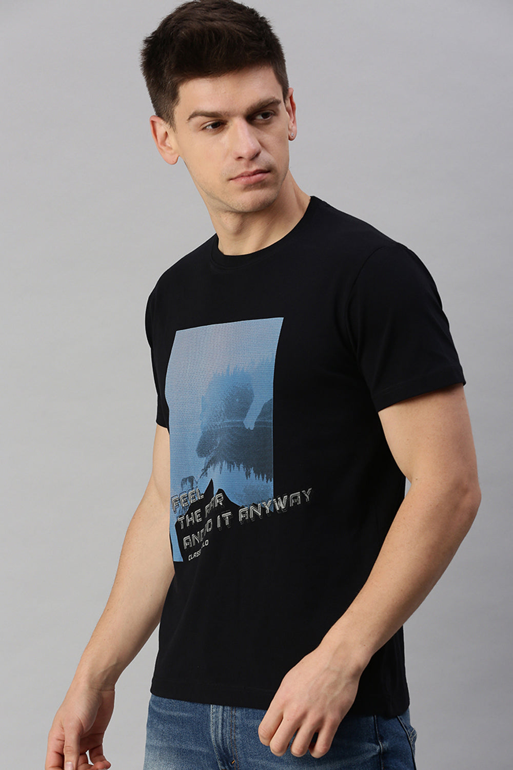 Classic Polo Men's Cotton Half Sleeve Printed Slim Fit Crew Neck Black Color T-Shirt | Baleno - 504 A
