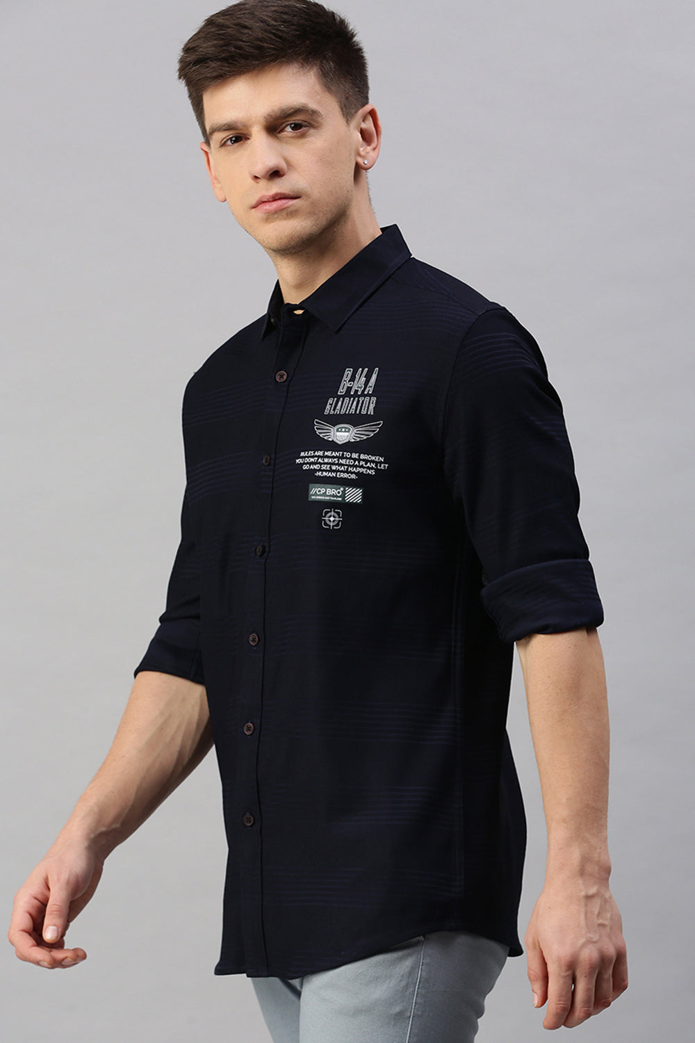 CP BRO Men's Cotton Full Sleeve Striped Slim Fit Polo Neck Black Color Woven Shirt | Sbo1-13 C