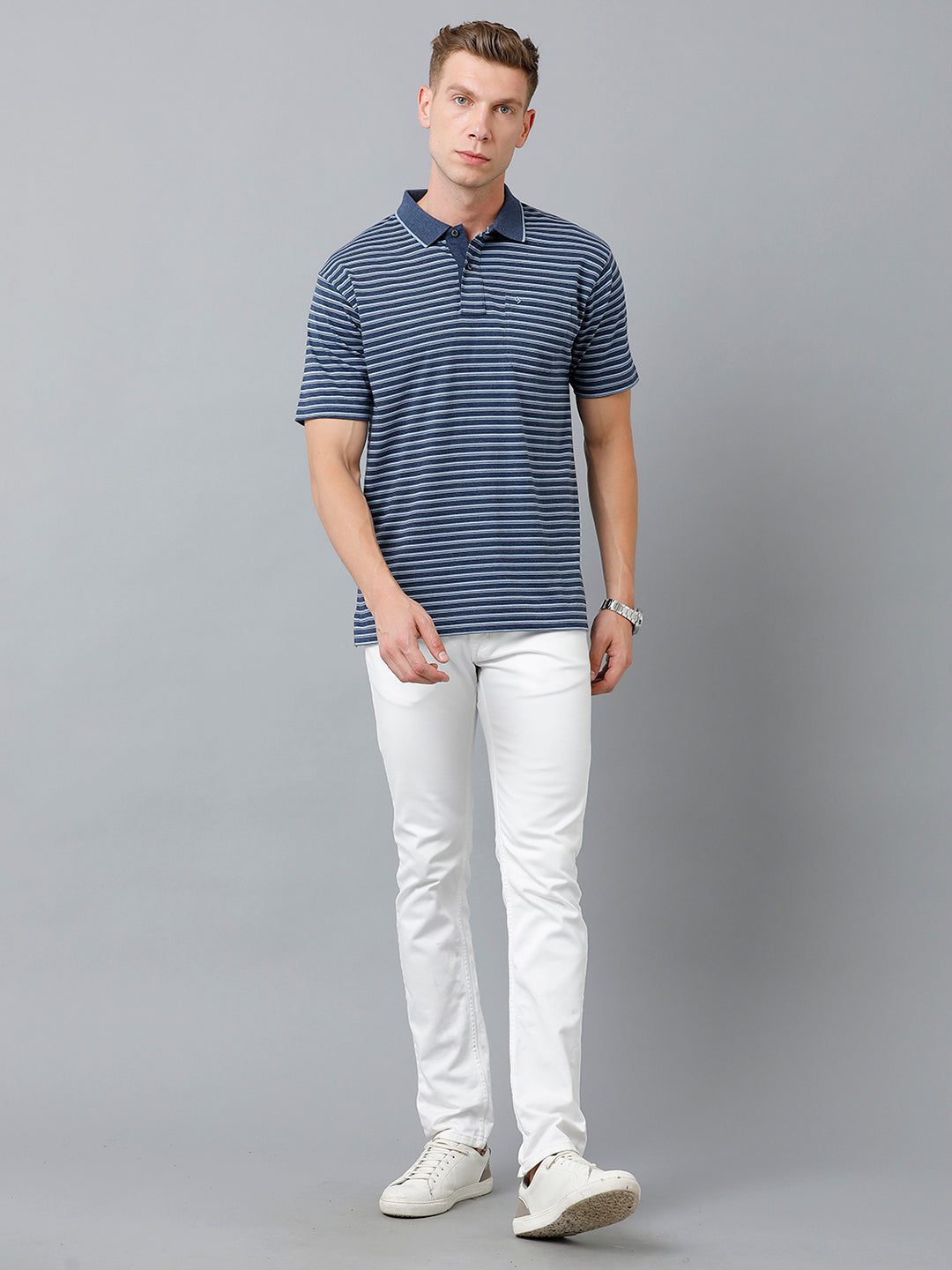 Classic Polo Men's Cotton Half Sleeve Striped Authentic Fit Polo Neck Navy Blue Color T-Shirt | Feeders - 225 B