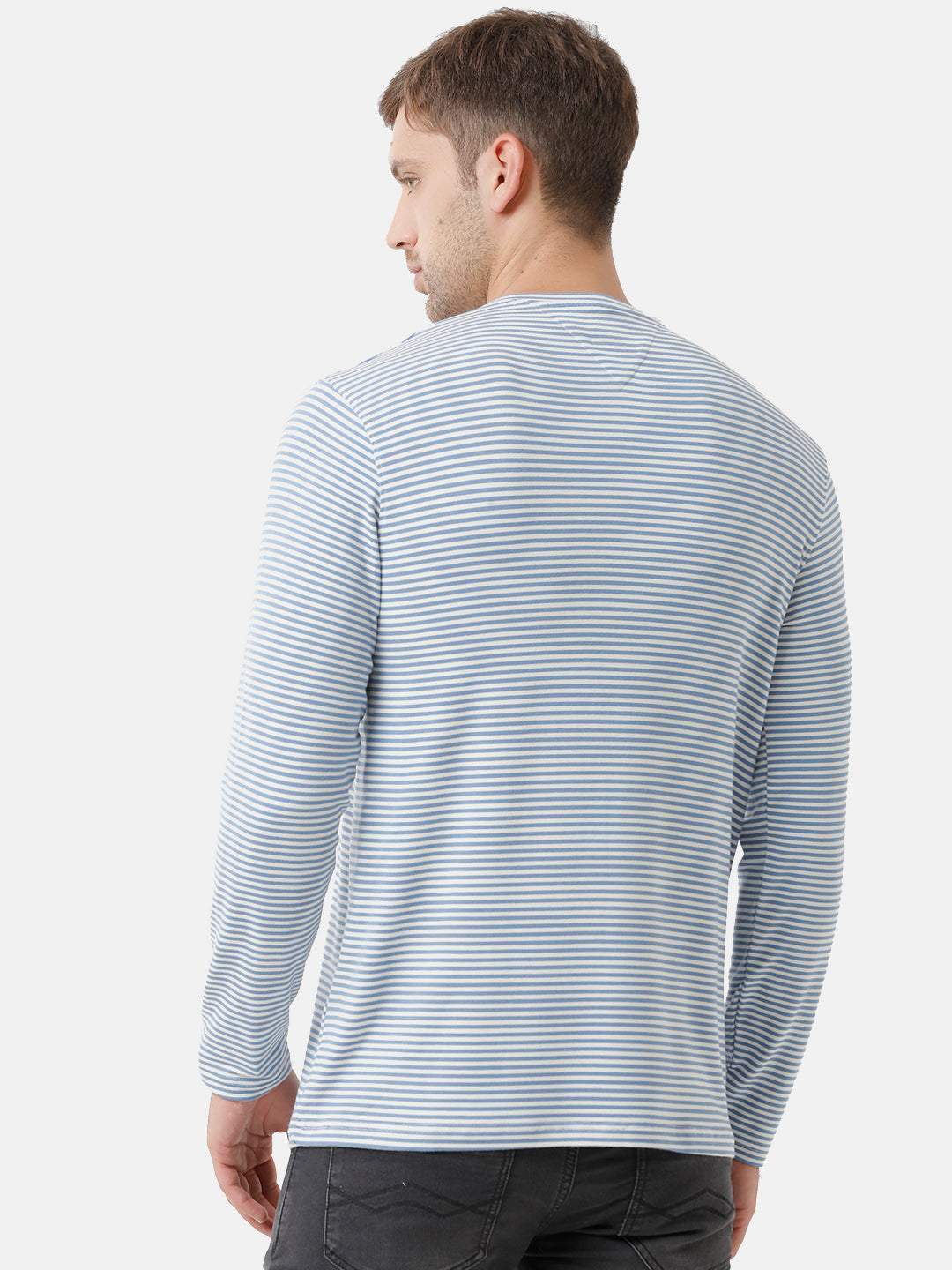 Classic Polo Mens Cotton Striped Full Sleeve Slim Fit Round Neck Blue Color T-Shirt | Verno 305