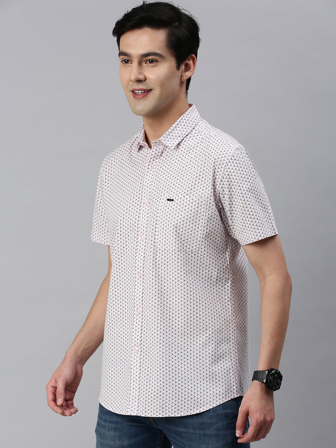 Classic Polo Men's Cotton Half Sleeve Printed Slim Fit Collar Neck Pink Color Woven Shirt | So1-147 A