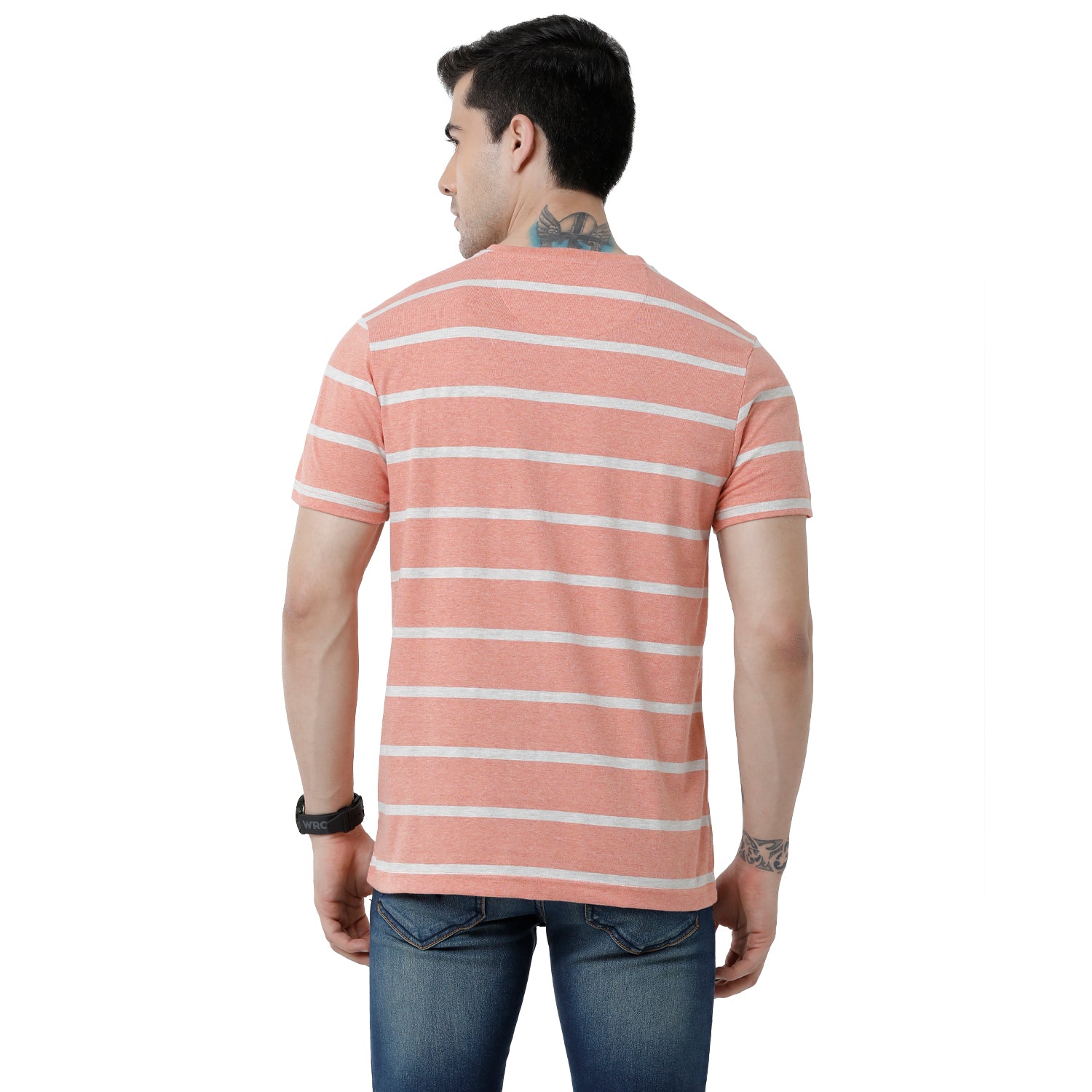 Classic Polo Mens Striped Slim Fit Crew Neck Peach Color T-Shirt - Baleno - 405 A T-shirt Classic Polo 