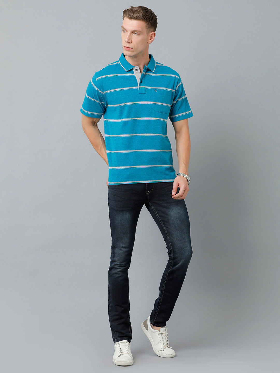 Classic Polo Men's Cotton Blend Half Sleeve Striped Authentic Fit Polo Neck Blue Color T-Shirt | Mel - 221 B