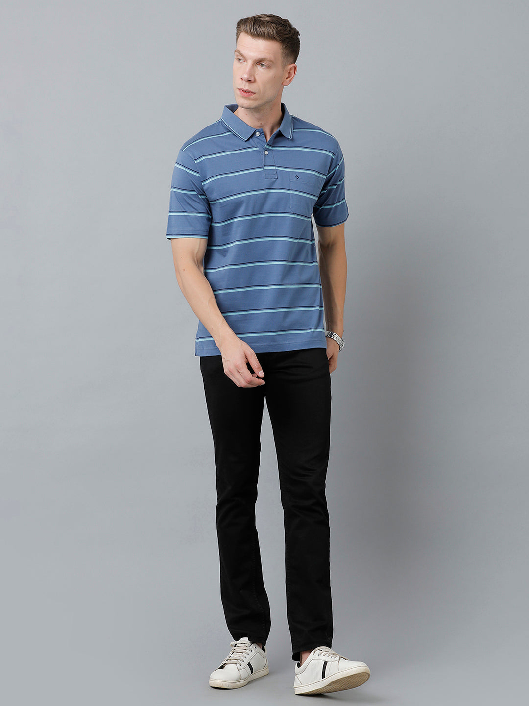 Classic Polo Men's Cotton Half Sleeve Striped Authentic Fit Polo Neck Blue Color T-Shirt | Ap - 89 A