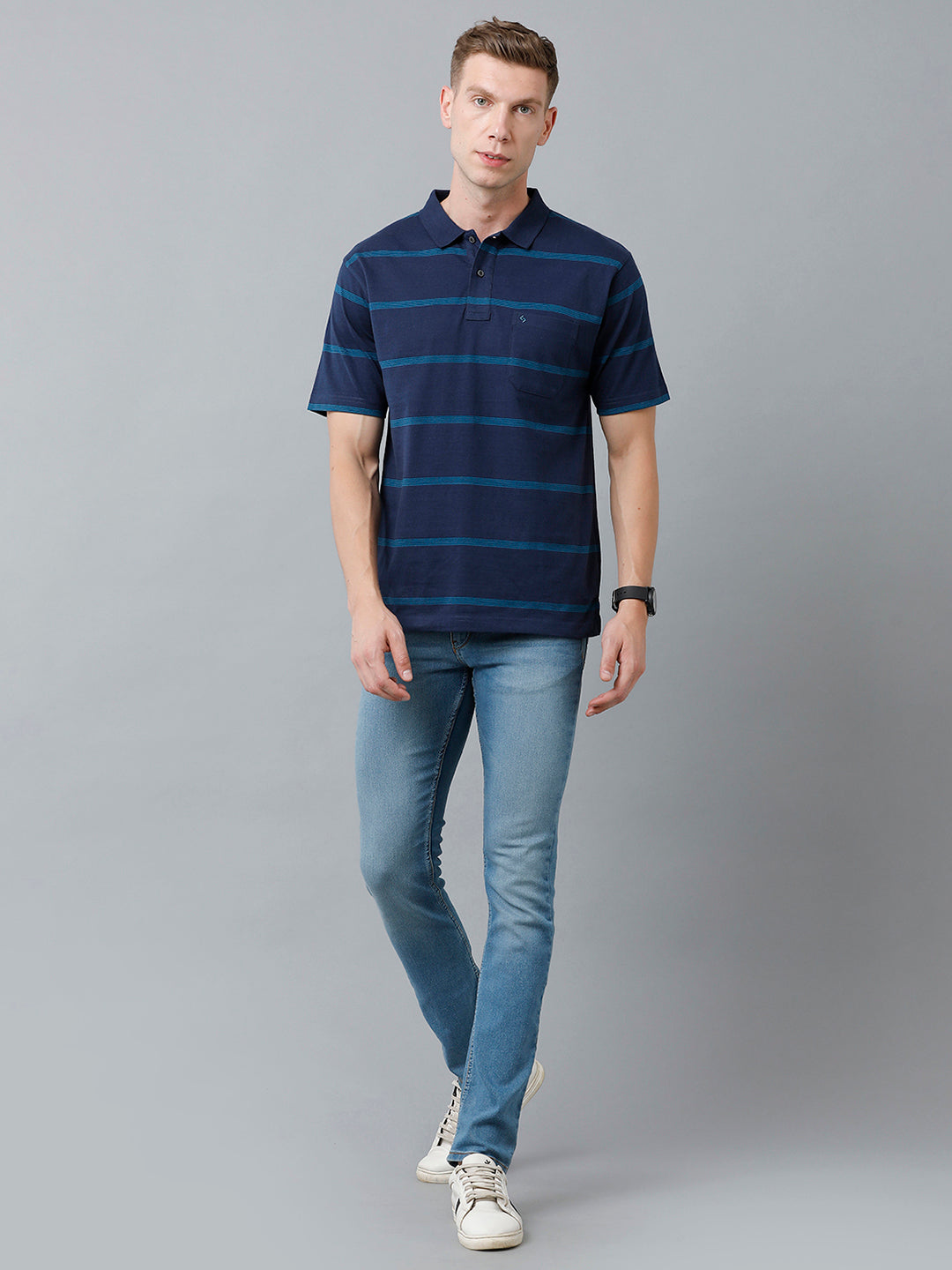 Classic Polo Men's Cotton Blend Half Sleeve Striped Authentic Fit Polo Neck Navy Color T-Shirt | Avon - 530 A