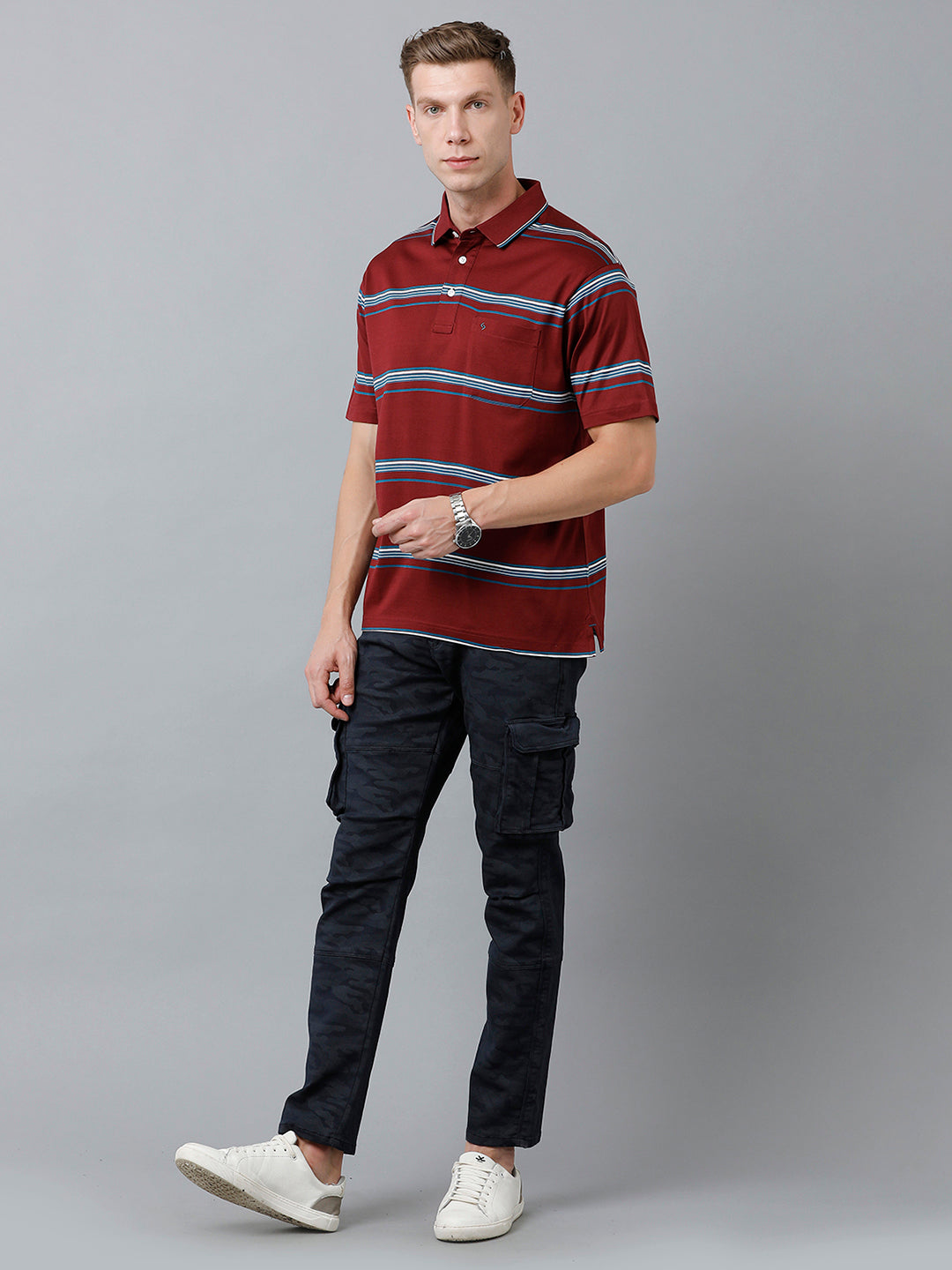 Classic Polo Men's Cotton Half Sleeve Striped Authentic Fit Polo Neck Maroon Color T-Shirt | Ultimo - 306 A