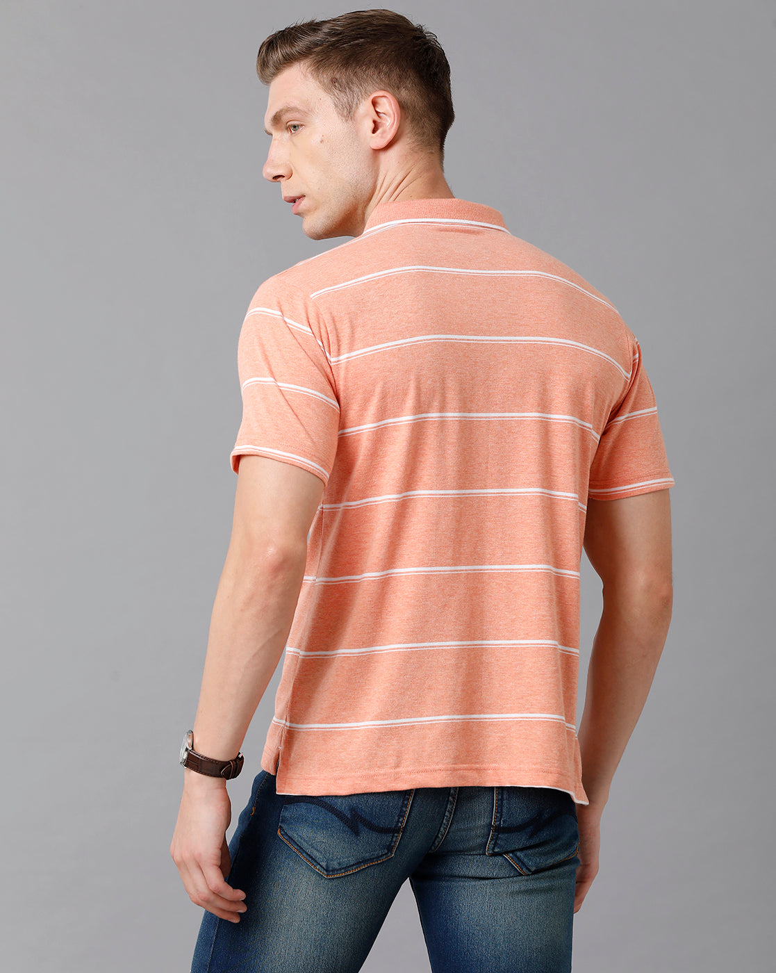 Classic Polo Men's Cotton Blend Striped Authentic Fit Peach T-Shirt | Mel - 211 A