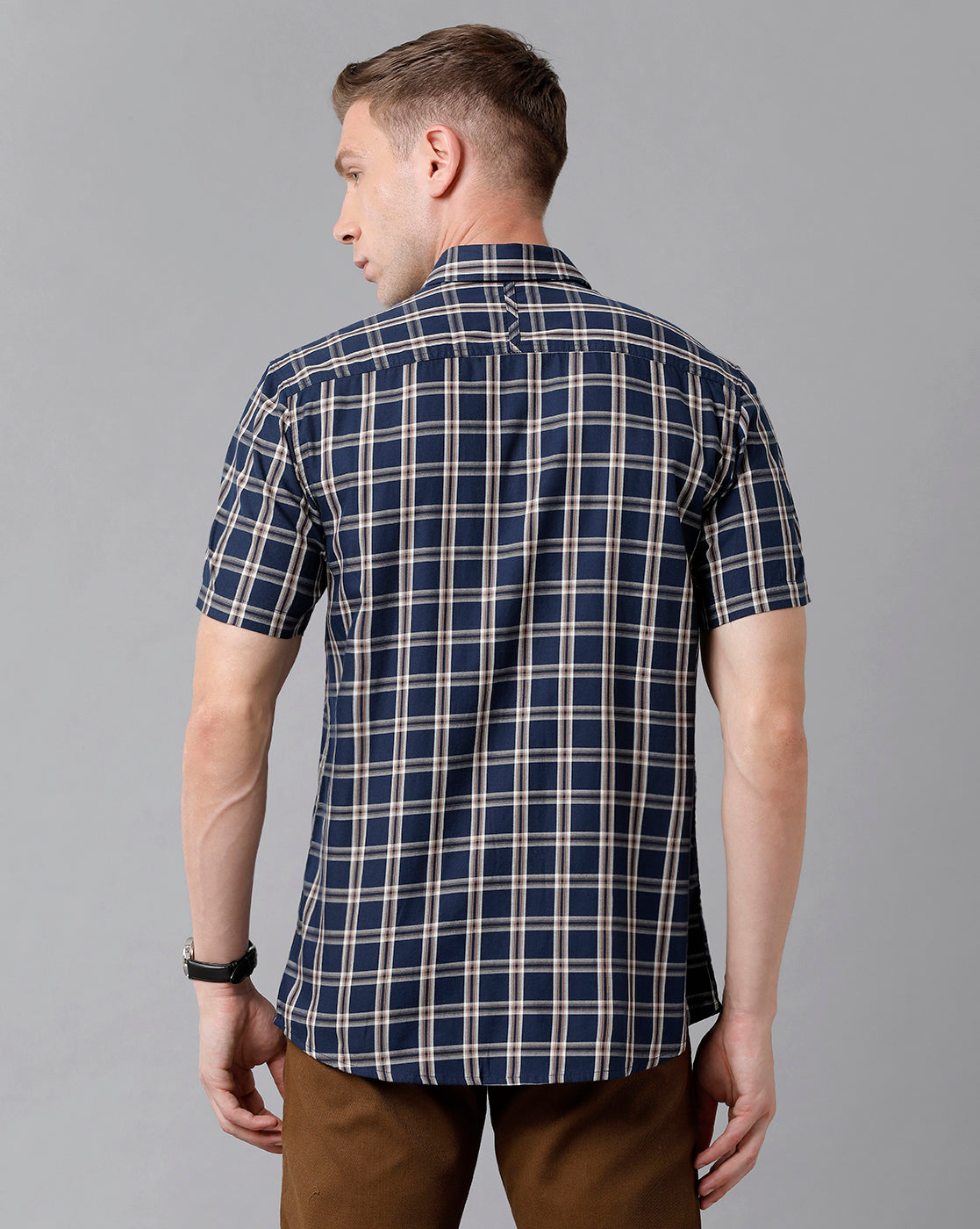 Classic Polo Men's Cotton Checked Half Sleeve Slim Fit Polo Neck Blue Color Woven Shirt | Sn2-116 B