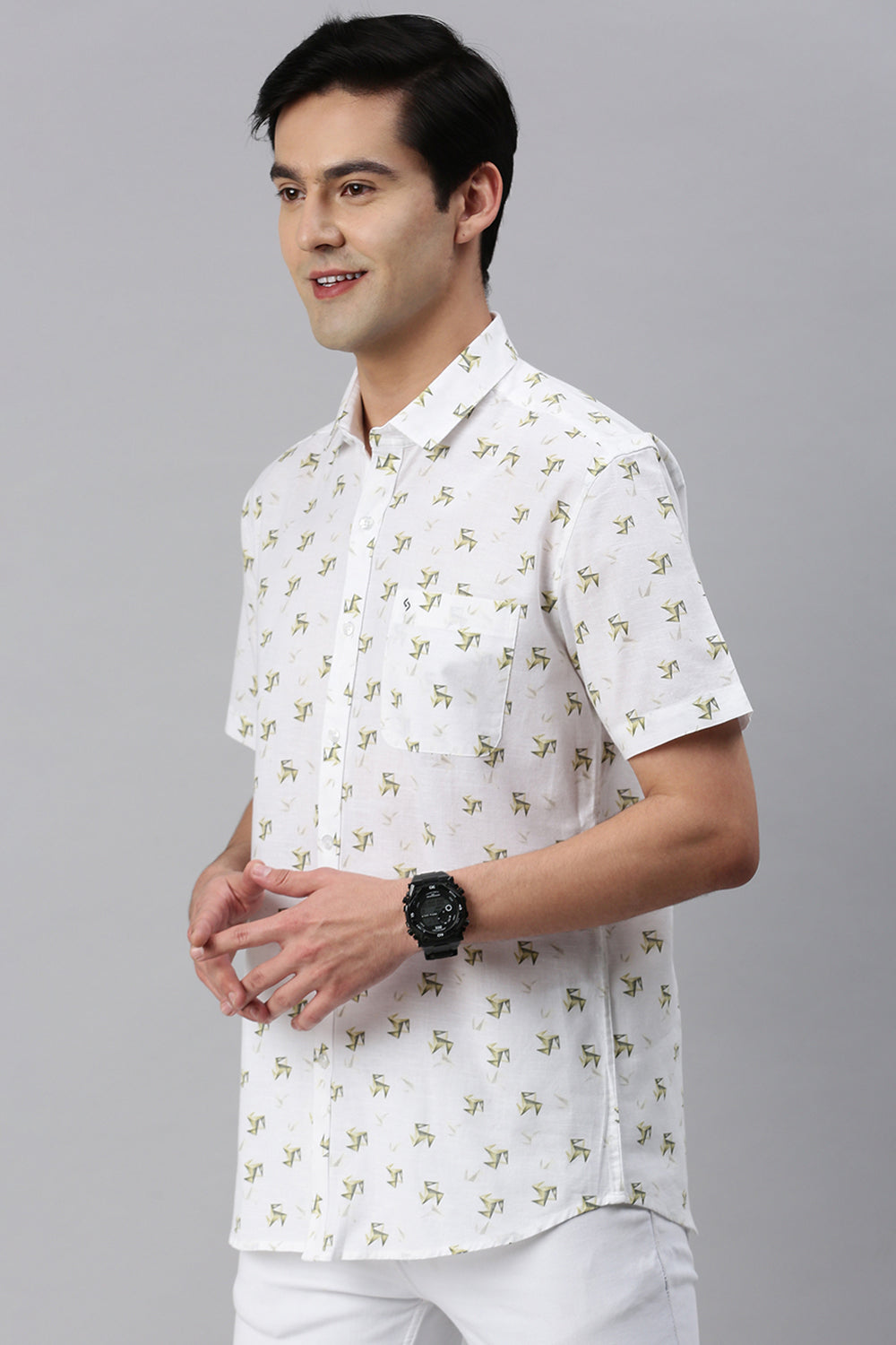 Classic Polo Men's Cotton Half Sleeve Printed Slim Fit Polo Neck White Color Woven Shirt | So1-15 B