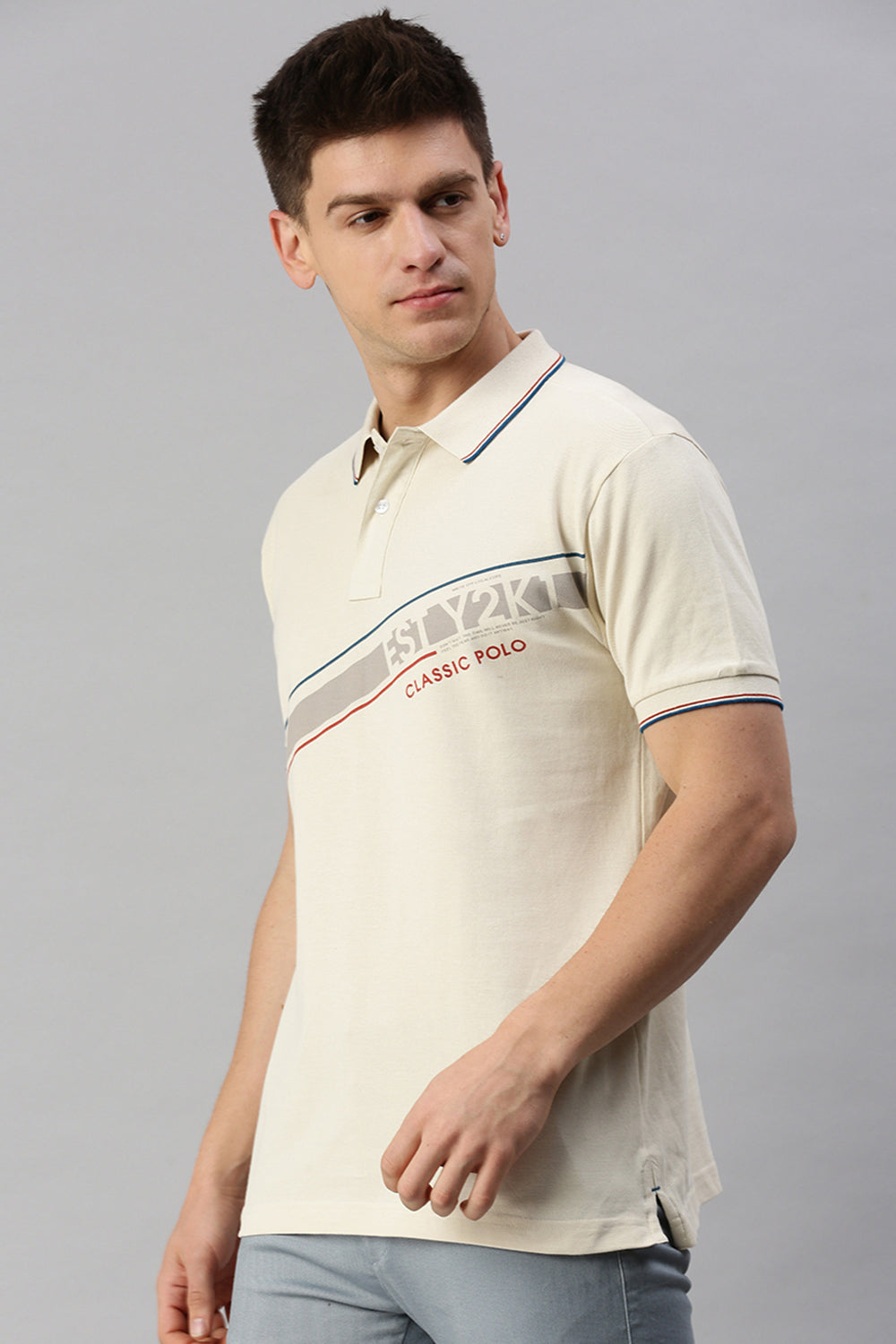 Classic Polo Men's Cotton Half Sleeve Printed Slim Fit Polo Neck Cream Color T-Shirt | Vivid Polo - 08 A