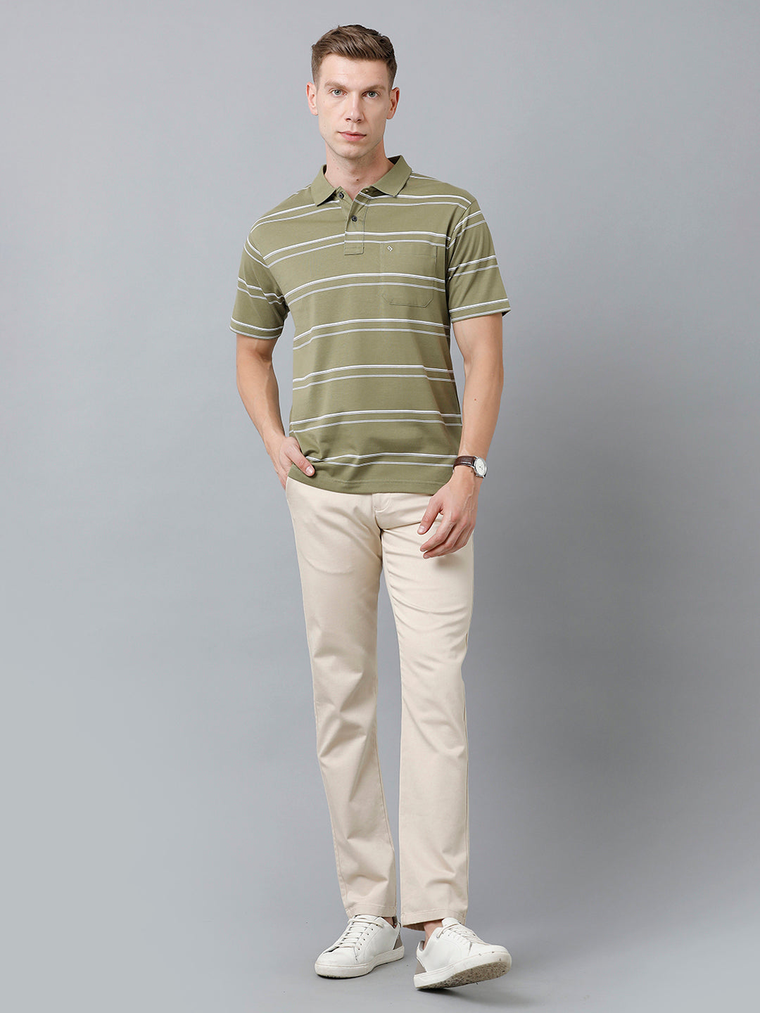 Classic Polo Men's Cotton Blend Half Sleeve Striped Authentic Fit Polo Neck Olive Green Color T-Shirt | Avon - 515 B
