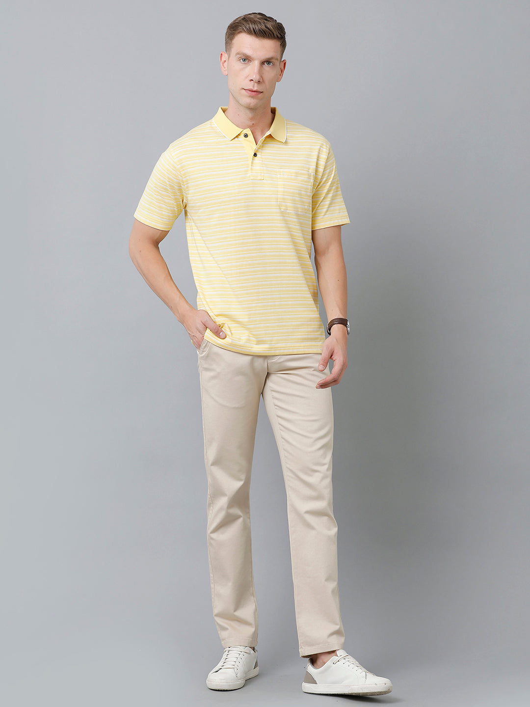Classic Polo Men's Cotton Half Sleeve Striped Authentic Fit Polo Neck Yellow Color T-Shirt | Feeders - 211 A