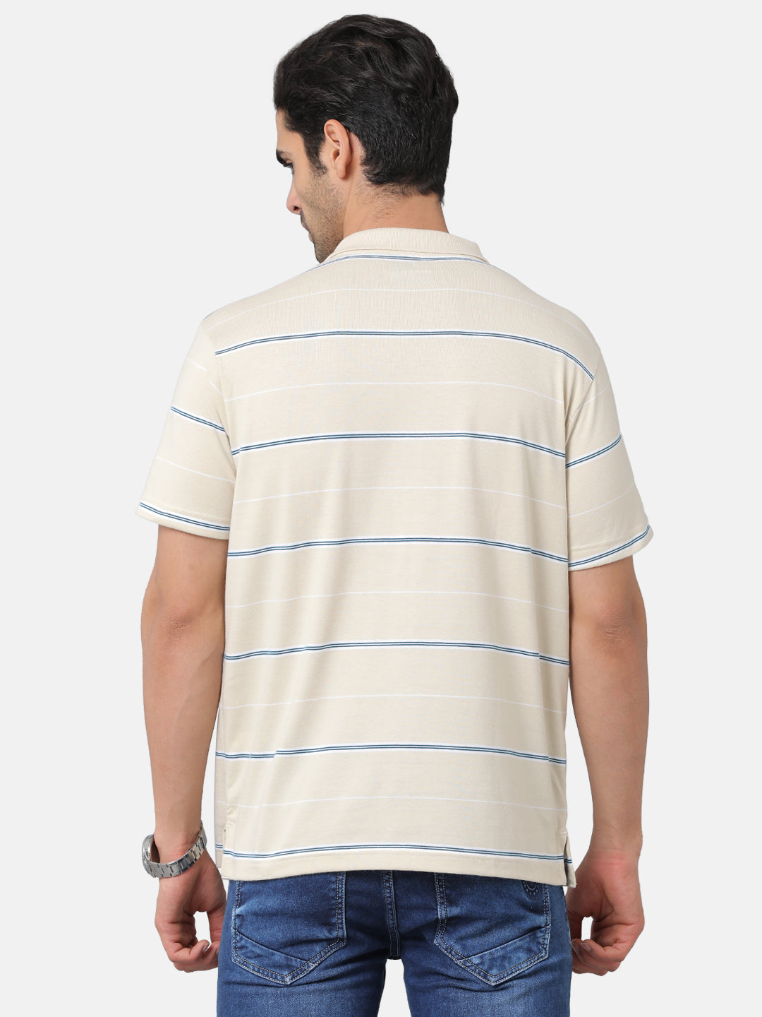 Classic Polo Mens Cotton Blend Striped Authentic Fit Polo Neck Cream Color T-Shirt | Avon 477a