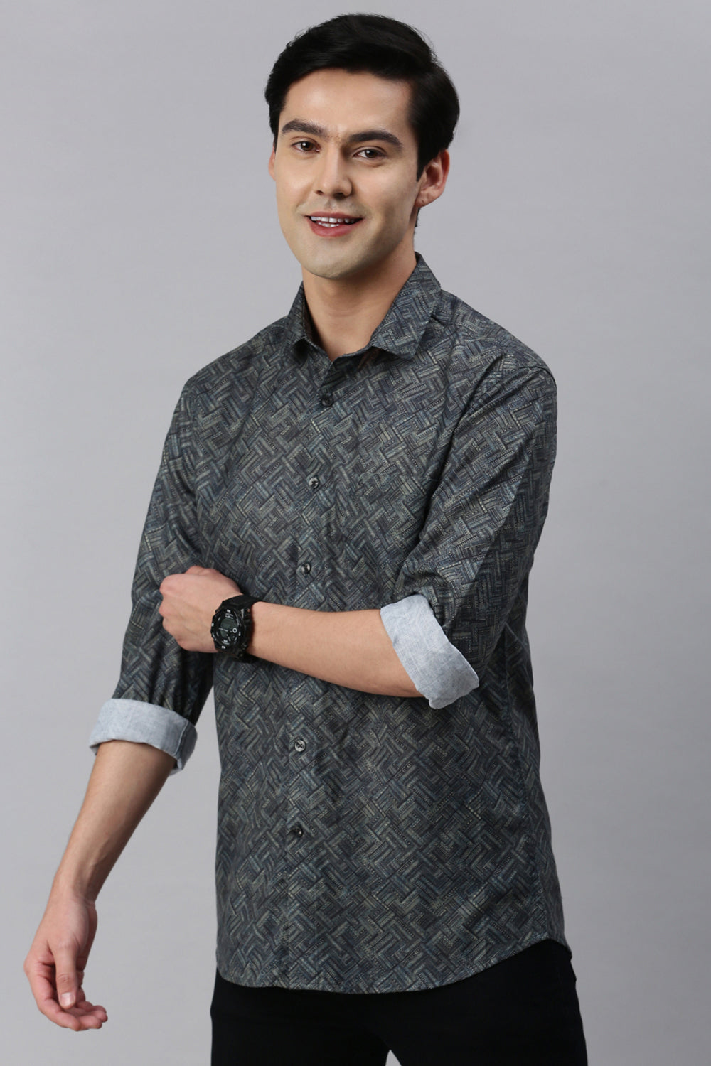 Classic Polo Men's Cotton Full Sleeve Printed Slim Fit Polo Neck Black Color Woven Shirt | So1-29 A