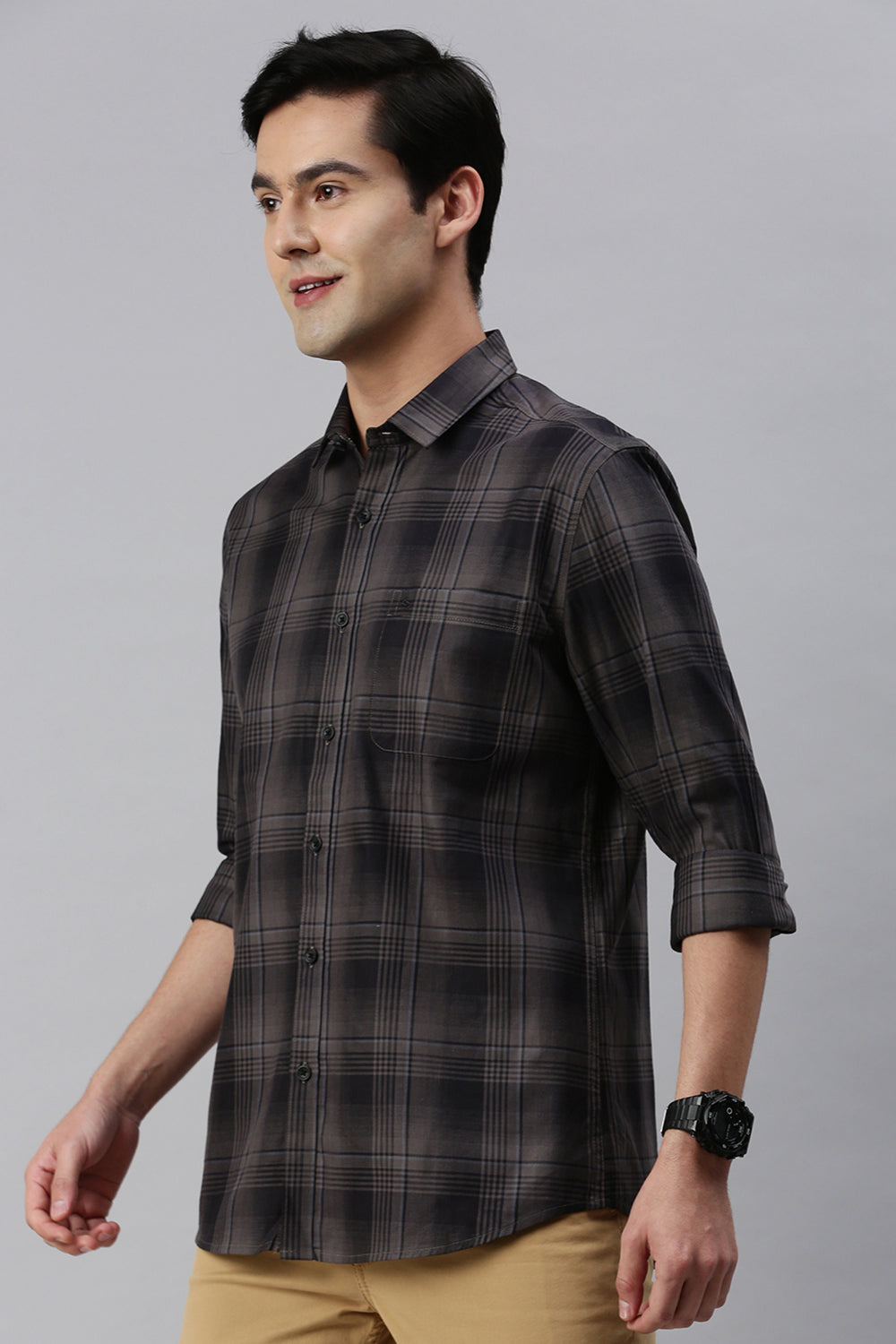 Classic Polo Men's Cotton Full Sleeve Checked Slim Fit Polo Neck Black Color Woven Shirt | So1-91 B