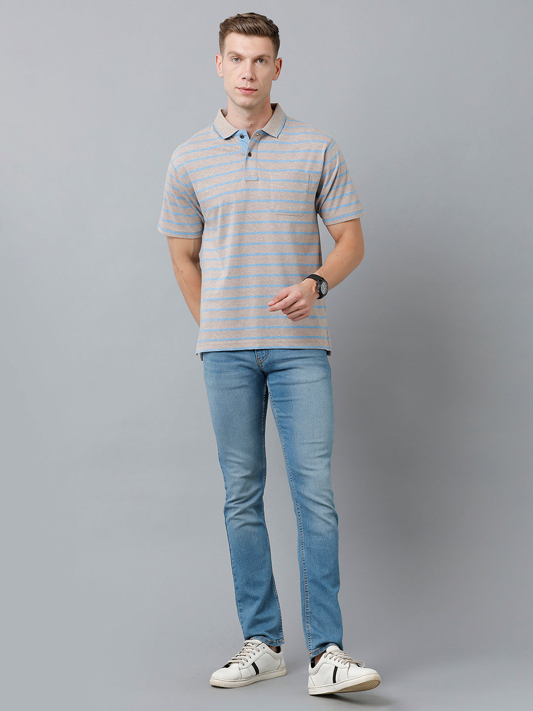 Classic Polo Men's Cotton Blend Half Sleeve Striped Authentic Fit Polo Neck Light Grey Color T-Shirt | Mel - 222 B