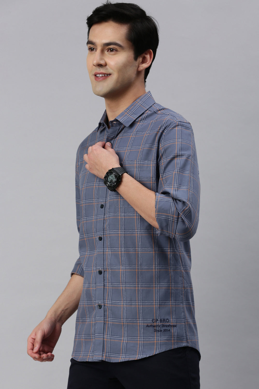 CP BRO Men's Cotton Full Sleeve Checked Slim Fit Polo Neck Blue Color Woven Shirt | Sbo1-27 B