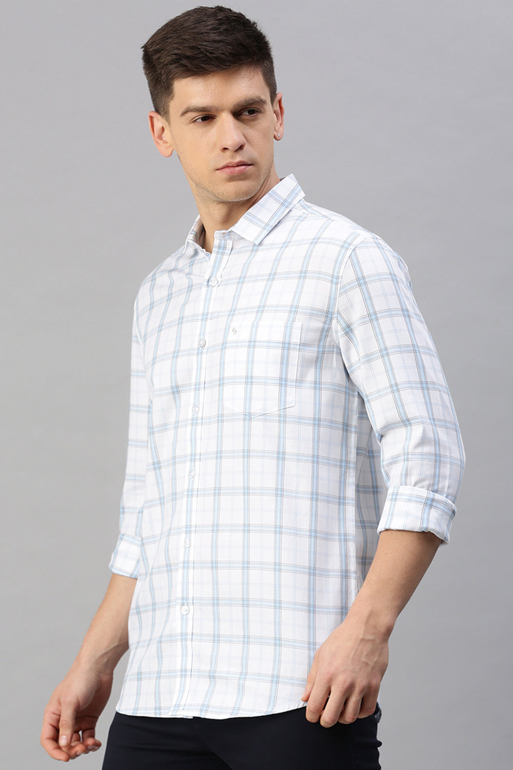 Classic Polo Men's Cotton Full Sleeve Checked Slim Fit Polo Neck White Color Woven Shirt | So1-95 A