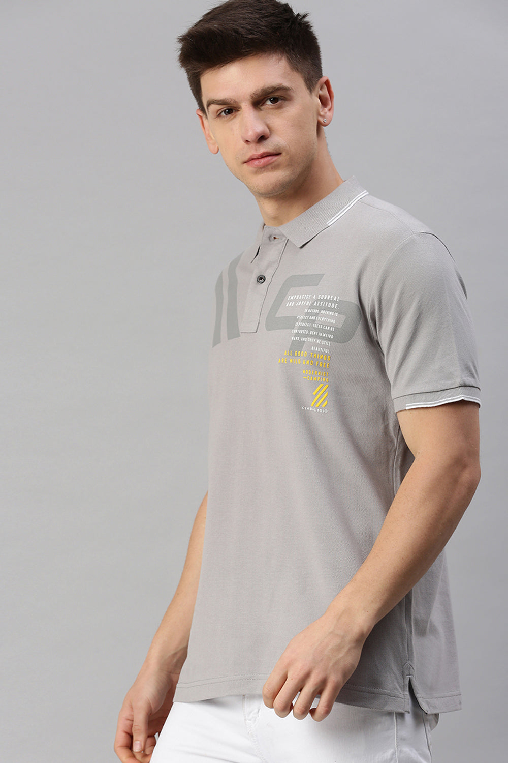 Classic Polo Men's Cotton Half Sleeve Printed Slim Fit Polo Neck Grey Color T-Shirt | Vivid Polo - 02 B
