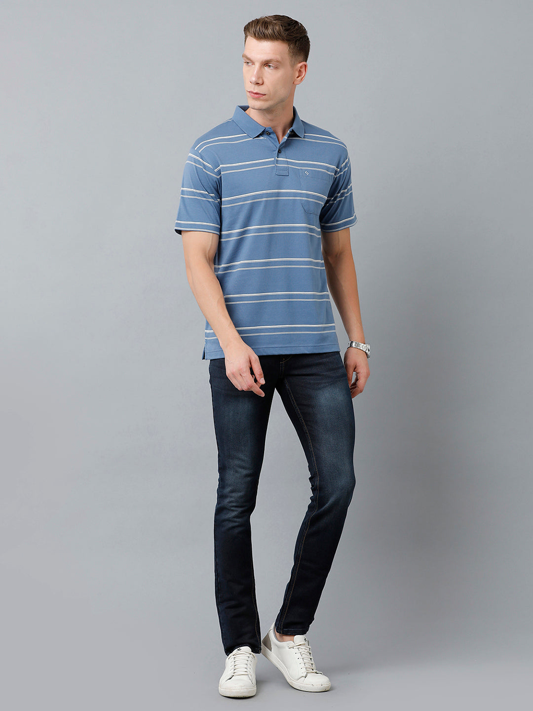 Classic Polo Men's Cotton Blend Half Sleeve Striped Authentic Fit Polo Neck Blue Color T-Shirt | Avon - 515 A