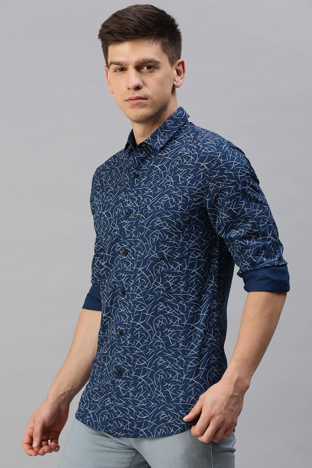 Classic Polo Men's Cotton Full Sleeve Printed Slim Fit Polo Neck Navy Color Woven Shirt | So1-01 A