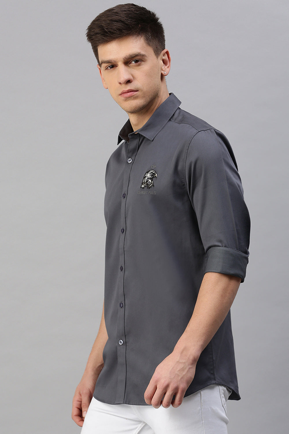 Classic Polo Men's Cotton Full Sleeve Solid Slim Fit Polo Neck Grey Color Woven Shirt | So1-38 C
