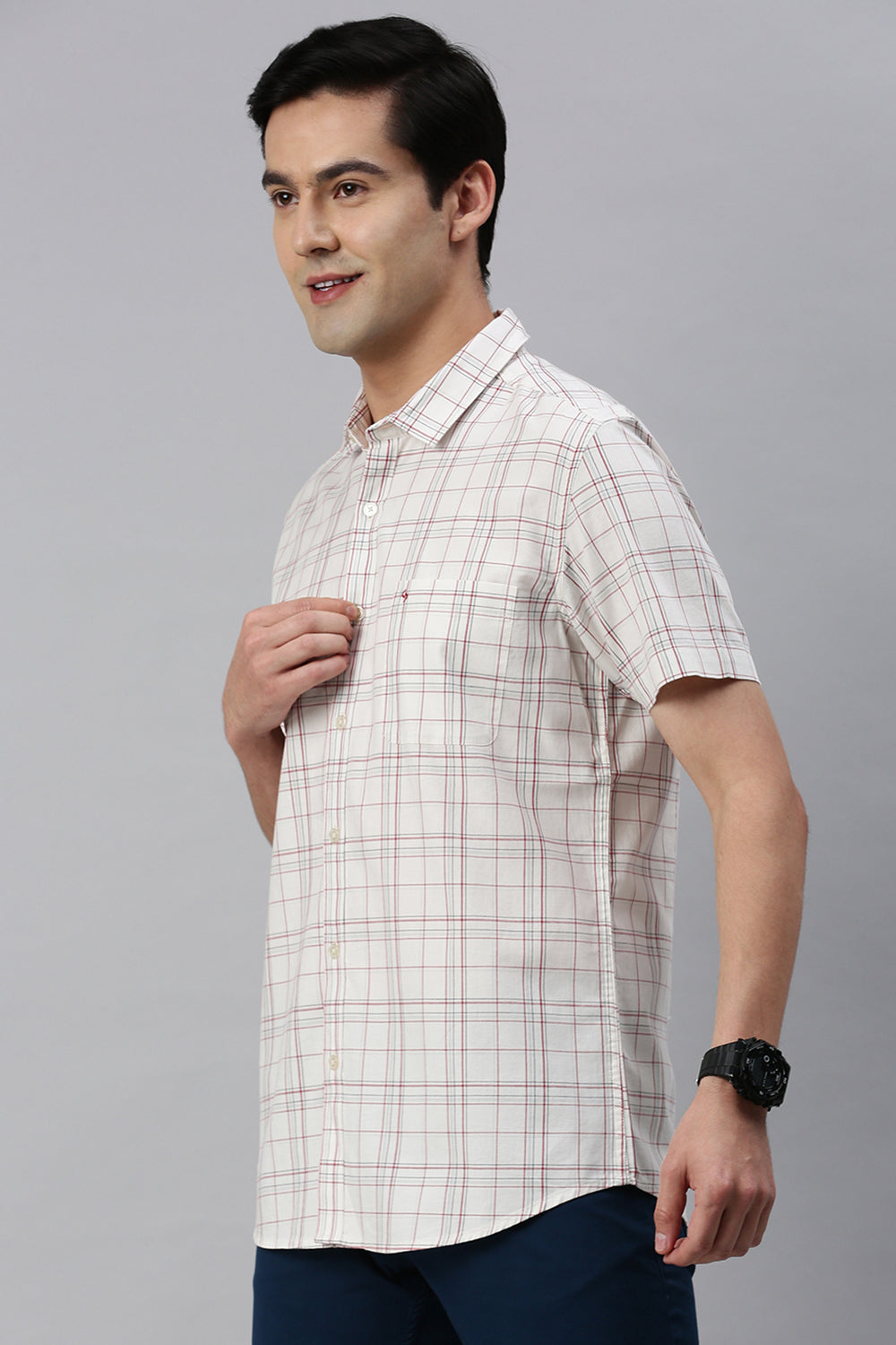 Classic Polo Men's Cotton Half Sleeve Checked Slim Fit Polo Neck Cream Color Woven Shirt | So1-96 A