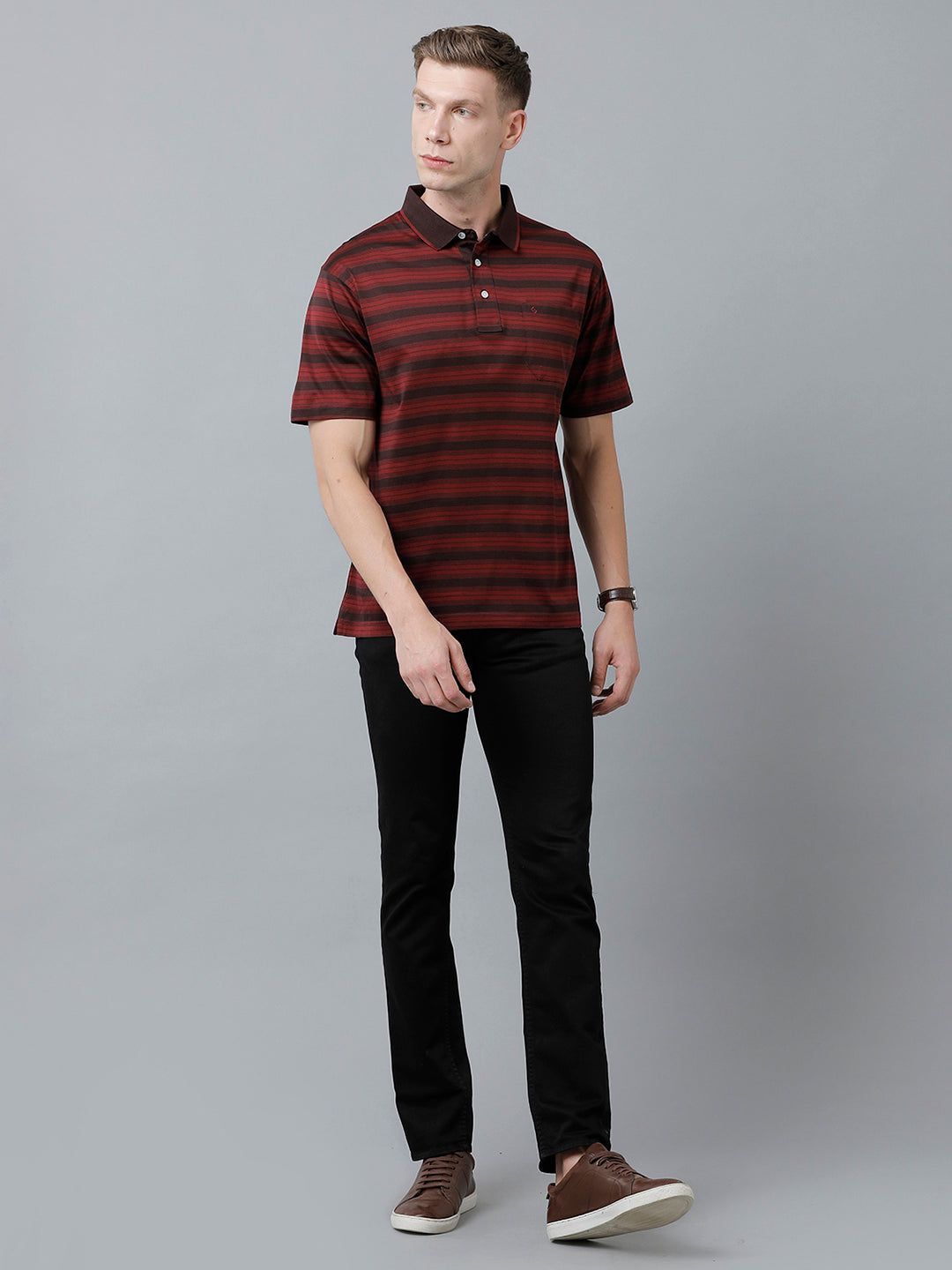 Classic Polo Men's Cotton Half Sleeve Striped Authentic Fit Polo Neck Brown Color T-Shirt | Ultimo - 305 B