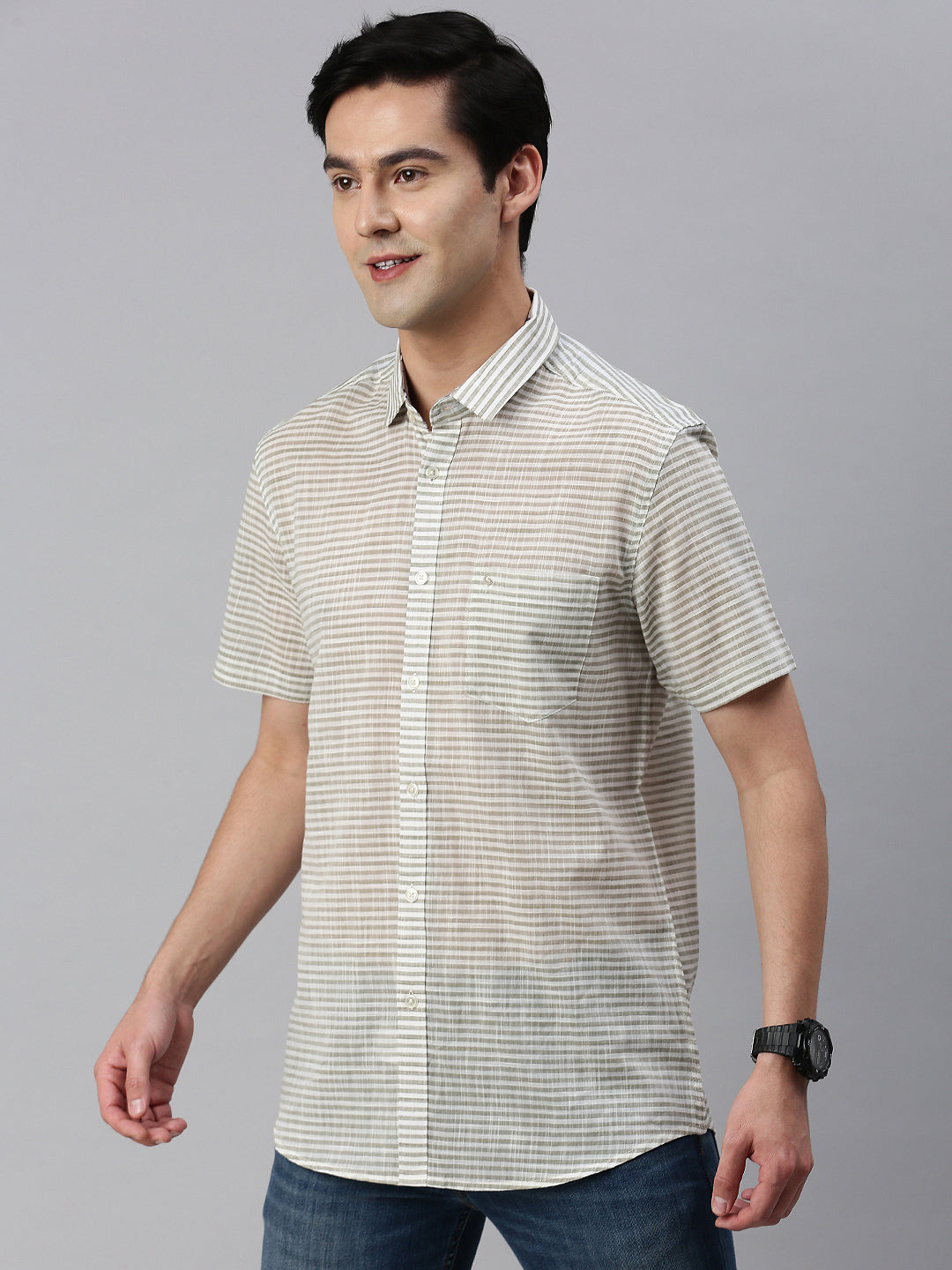 Classic Polo Men's Cotton Half Sleeve Striped Slim Fit Collar Neck Brown Color Woven Shirt | So1-107 A