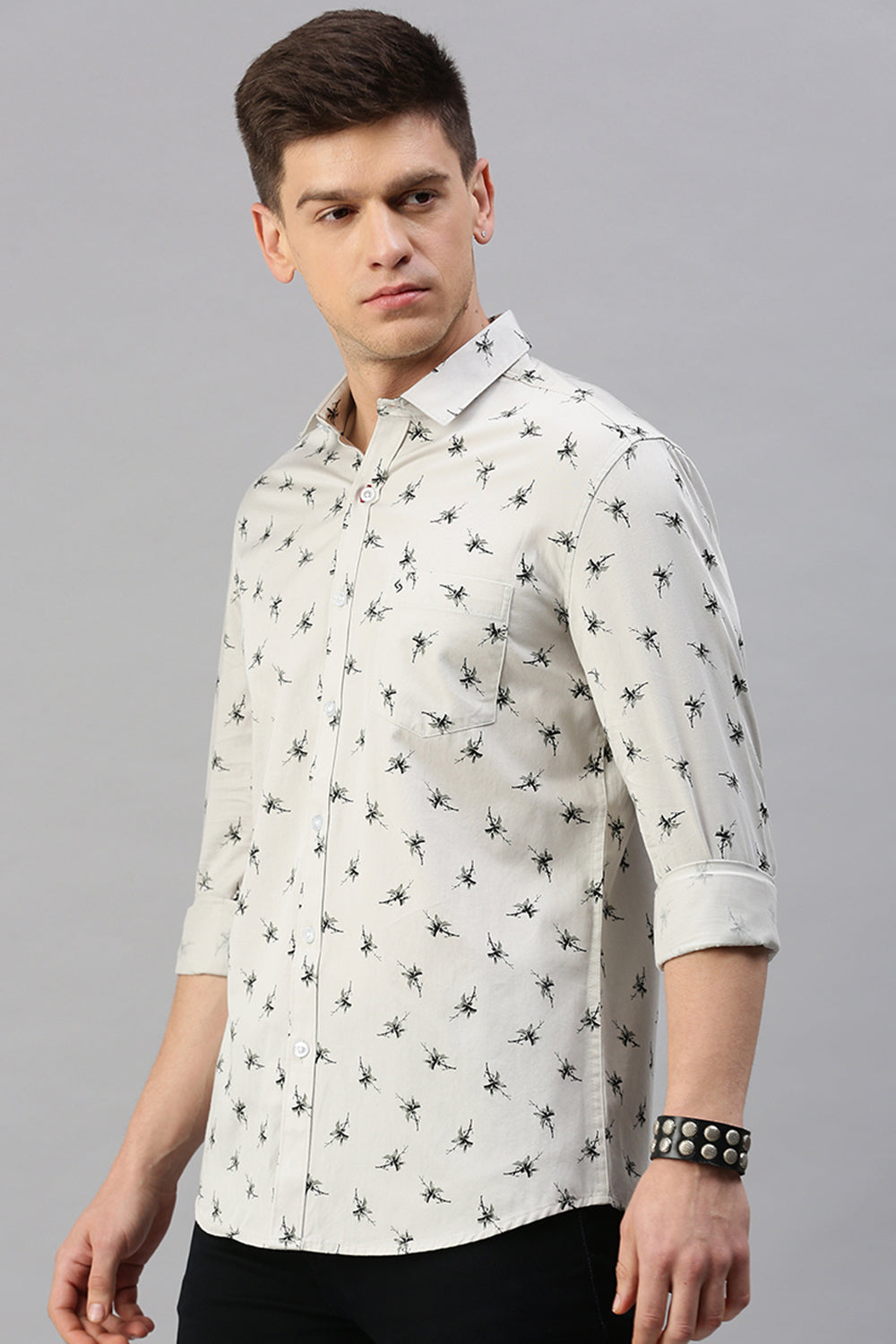 Classic Polo Men's Cotton Full Sleeve Printed Slim Fit Polo Neck Black Color Woven Shirt | So1-13 C