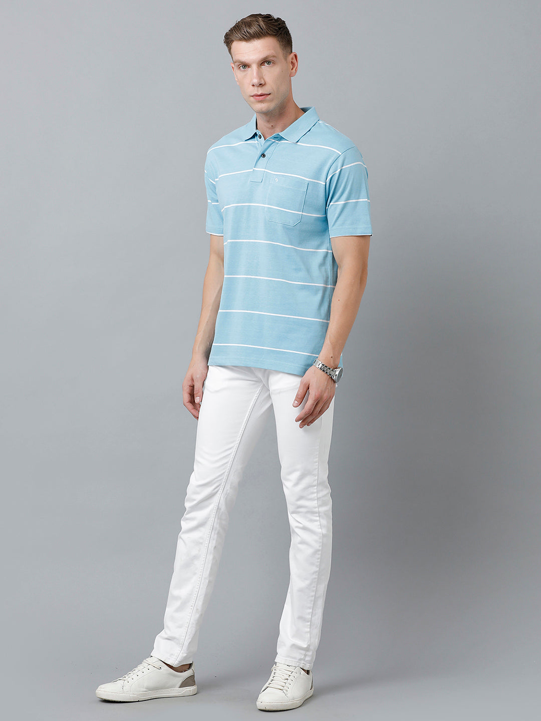 Classic Polo Men's Cotton Blend Half Sleeve Striped Authentic Fit Polo Neck Sky Blue Color T-Shirt | Avon - 518 A