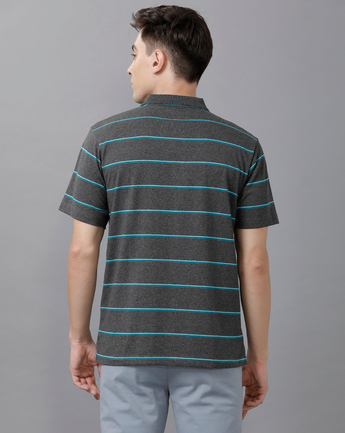 Classic Polo Mens Cotton Blend Striped Half Sleeve Authentic Fit Polo Neck Dark Grey Color T-Shirt | Avon 494 B